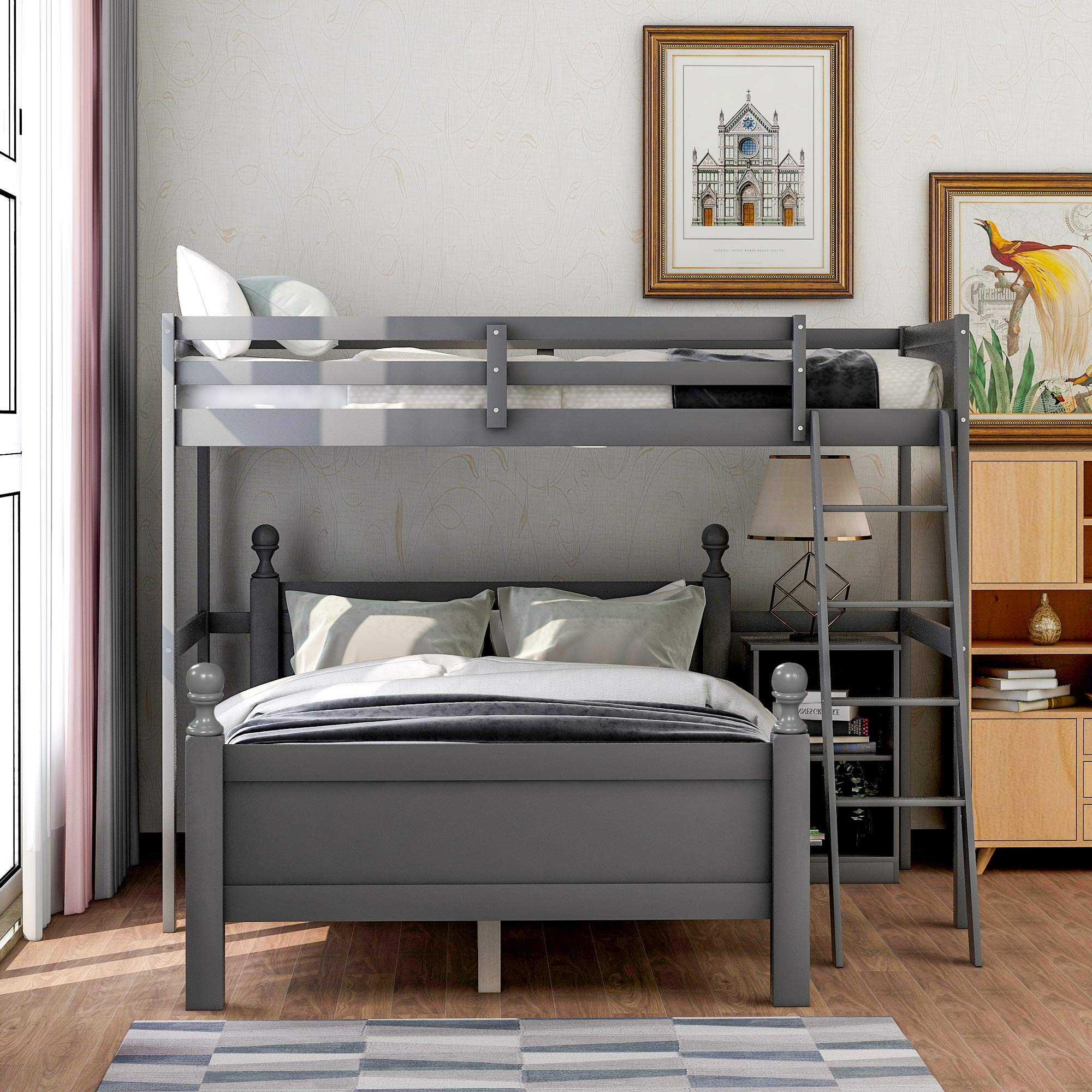 SOFTSEA Gray Twin Over Full Loft Bunk Bed with Cabinet, Ladder & Safety Rail - 2 Independent Beds for Kids & Teens Bedroom - Space-Saving Furniture for Small Rooms & Dormitories