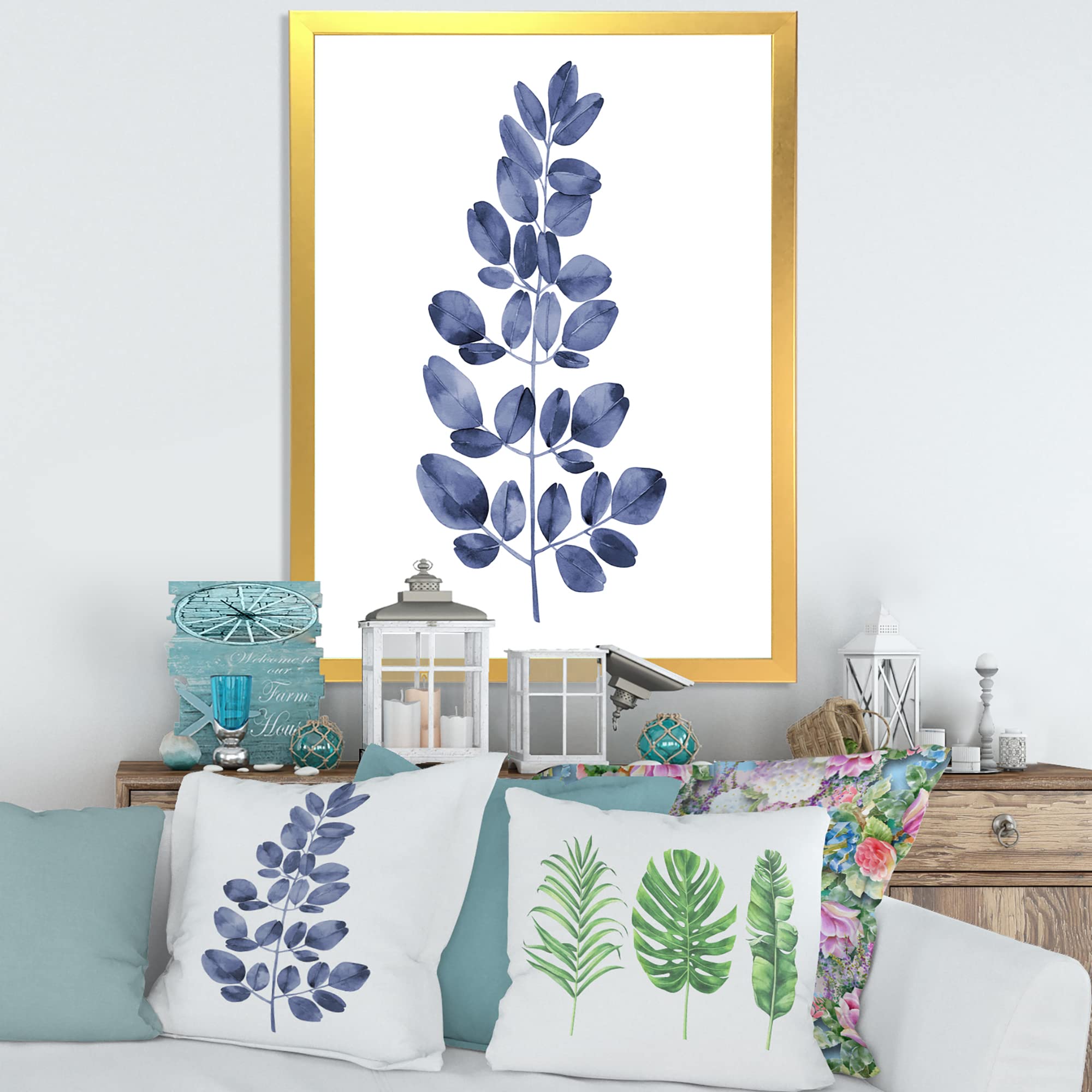 DesignQ Navy Blue Eucalyptus II Traditional Framed Wall Art - Home Decor for Living Room, Bedroom & Office - Ready to Hang Canvas Painting for Modern Interior Design