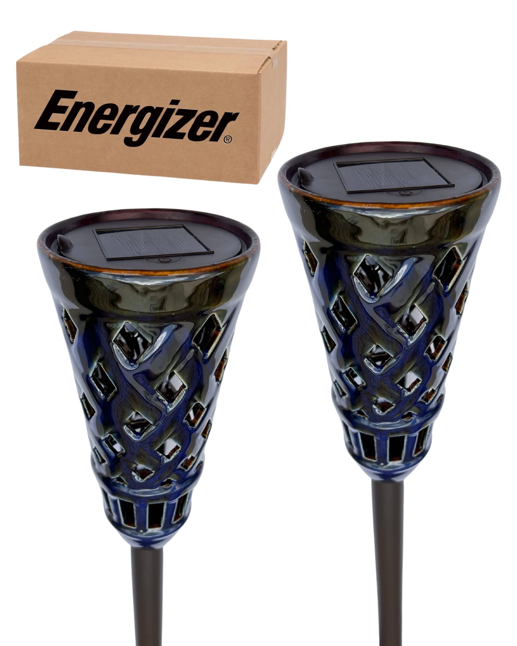 Energizer Ceramic Solar Tiki Torches - 2 Pack LED Solar Outdoor Lights with Flickering Flame Effect, IP65 Waterproof for Garden, Patio, Pathway & Backyard Decor - Solar Powered Landscape Lighting (Blue)