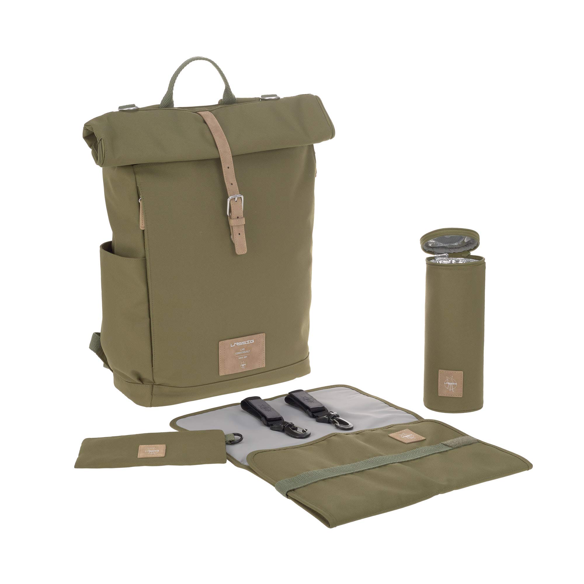 Lässig Green Label Olive Rolltop Backpack Diaper Bag - Large Waterproof Baby Bag for Travel, Daycare & Parenting Essentials | Stylish & Spacious Diaper Backpack for Moms & Dads