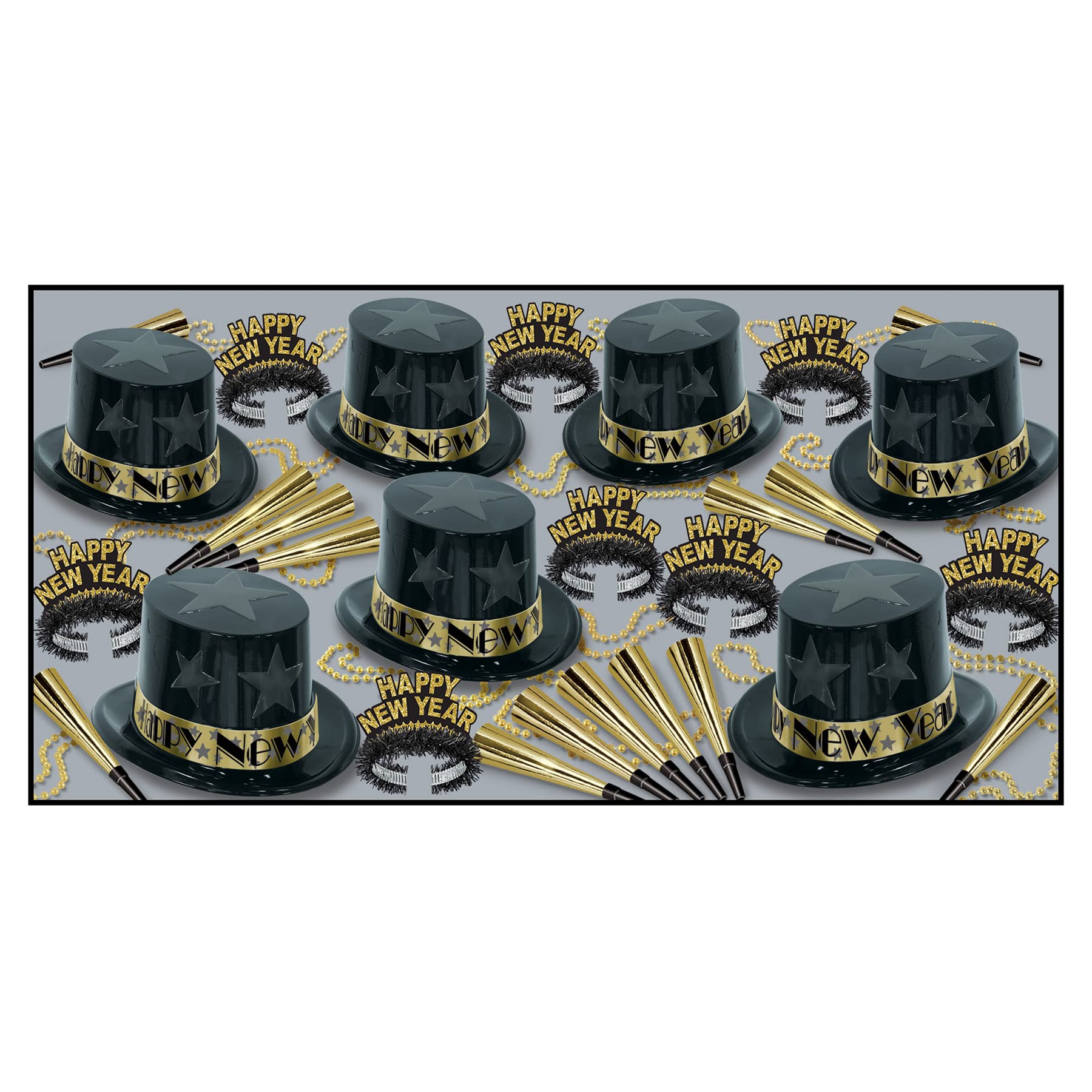 Beistle Black and Gold Star Party Assortment - 50-Piece New Year's Eve Celebration Kit with Hats, Tiaras, Horns & Necklaces - Perfect for NYE Parties, Photo Booths, and Festive Gatherings
