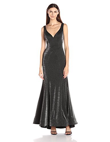 Xscape Women's Long Metallic V-Neck Party Dress - Elegant Evening Gown for Prom, Wedding & Special Occasions