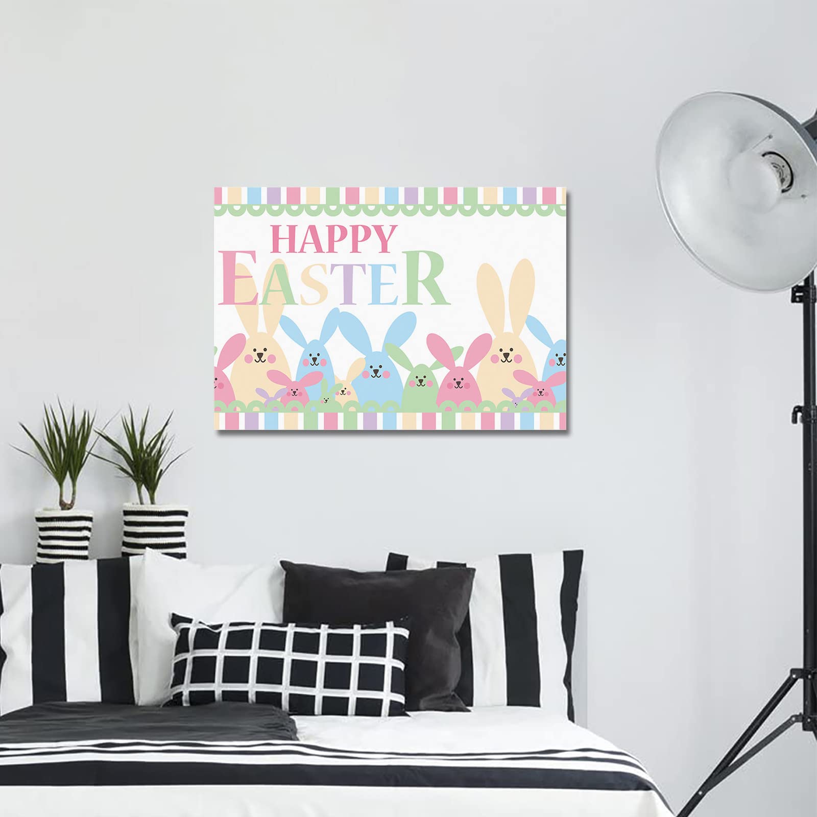 Happy Easter Wall Art - 36x24 Inch Framed Canvas Print, Colorful Stripes with Bunny Rabbit Design for Home Decor - Perfect for Bedroom, Kitchen, Living Room, Bathroom & Office - Spring Holiday Decoration & Gift Idea