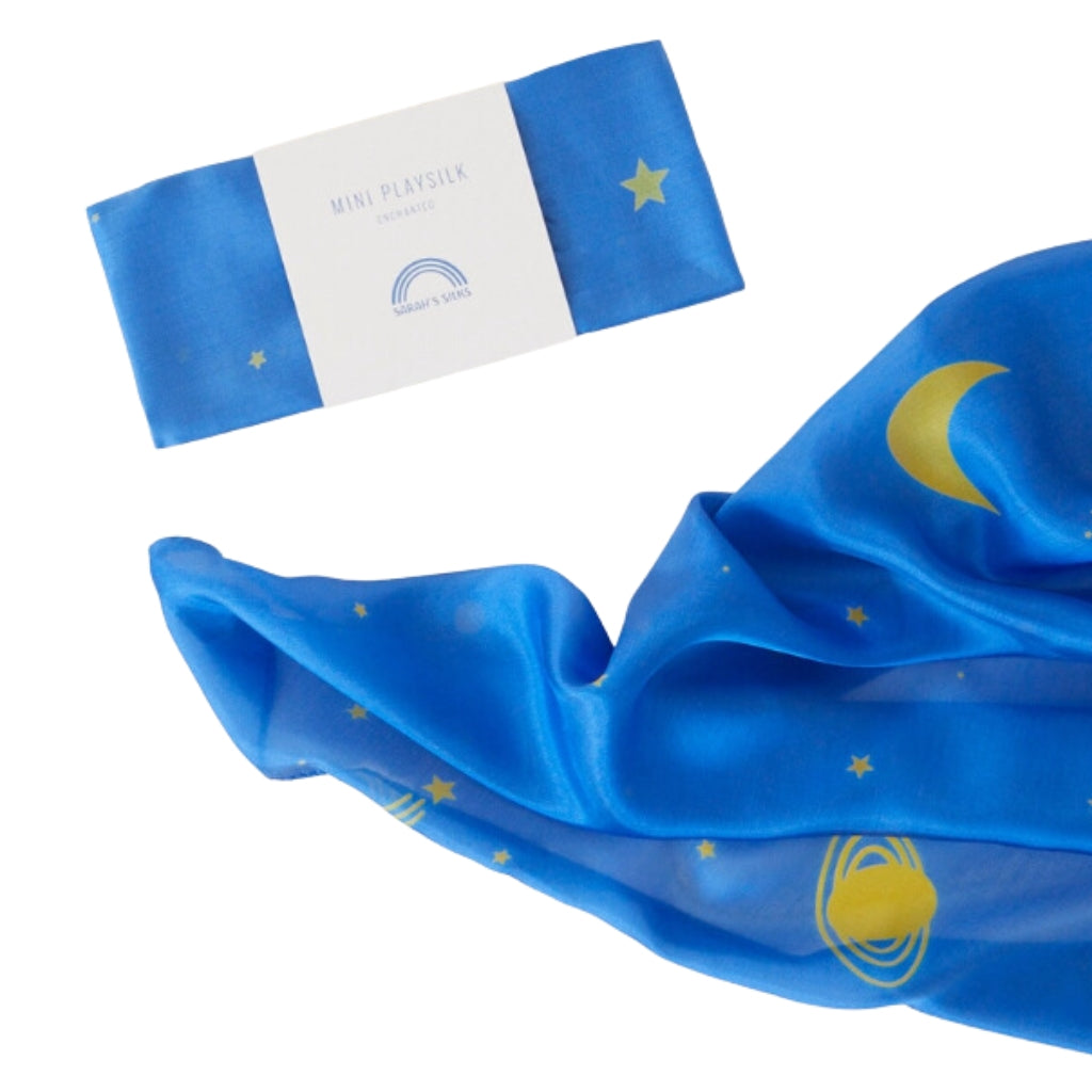 Sarah's Silk Enchanted MINI Playsilk - Starry Night Design | Premium Silk Play Scarf for Kids | Perfect for Dress-Up, Dancing, and Imaginative Play