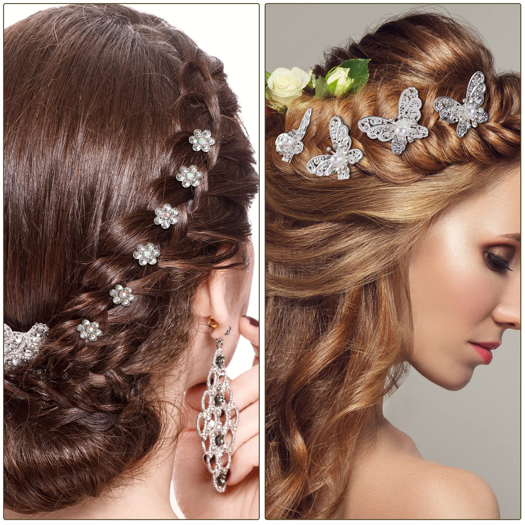 OIIKI 20 PCS Wedding Bridal Hair Pins - Pearl Butterfly U Shape Hair Clips with Rhinestones & Flowers - Elegant Hair Accessories for Women & Girls - Perfect for Weddings, Proms, Parties & Special Occasions