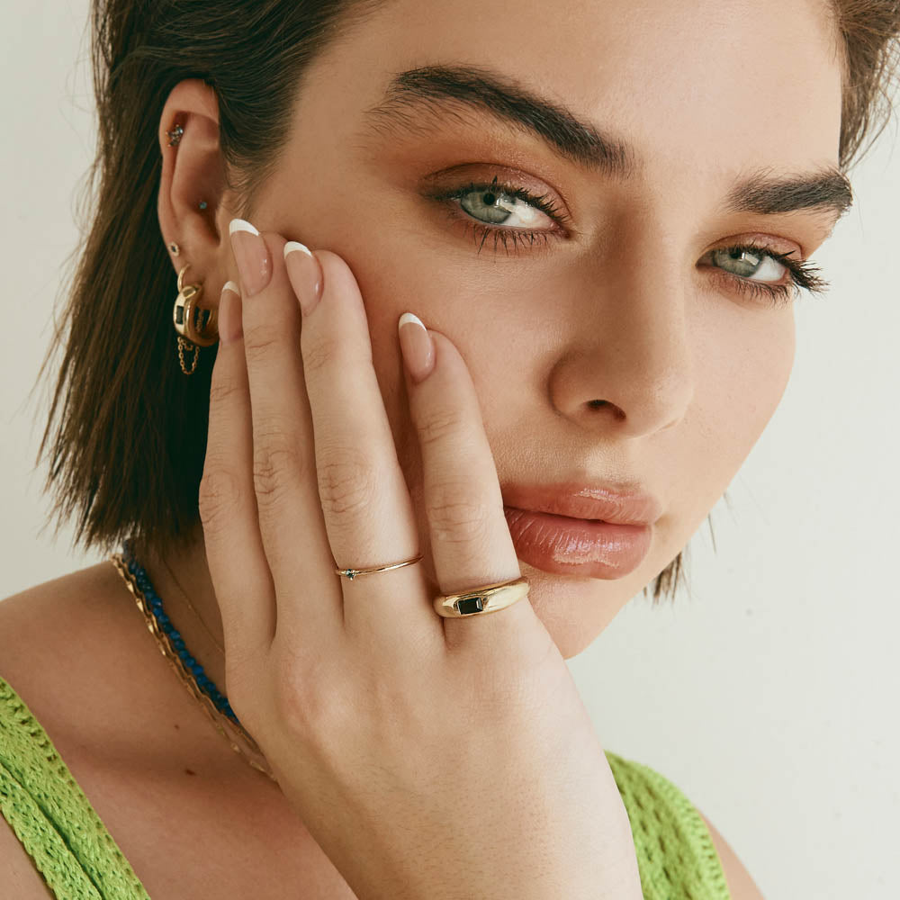 Exquisite Blue Topaz Baguette Curve Pinky Ring in 14K Gold - Elegant Stackable Jewelry for Women's Everyday Wear & Special Occasions