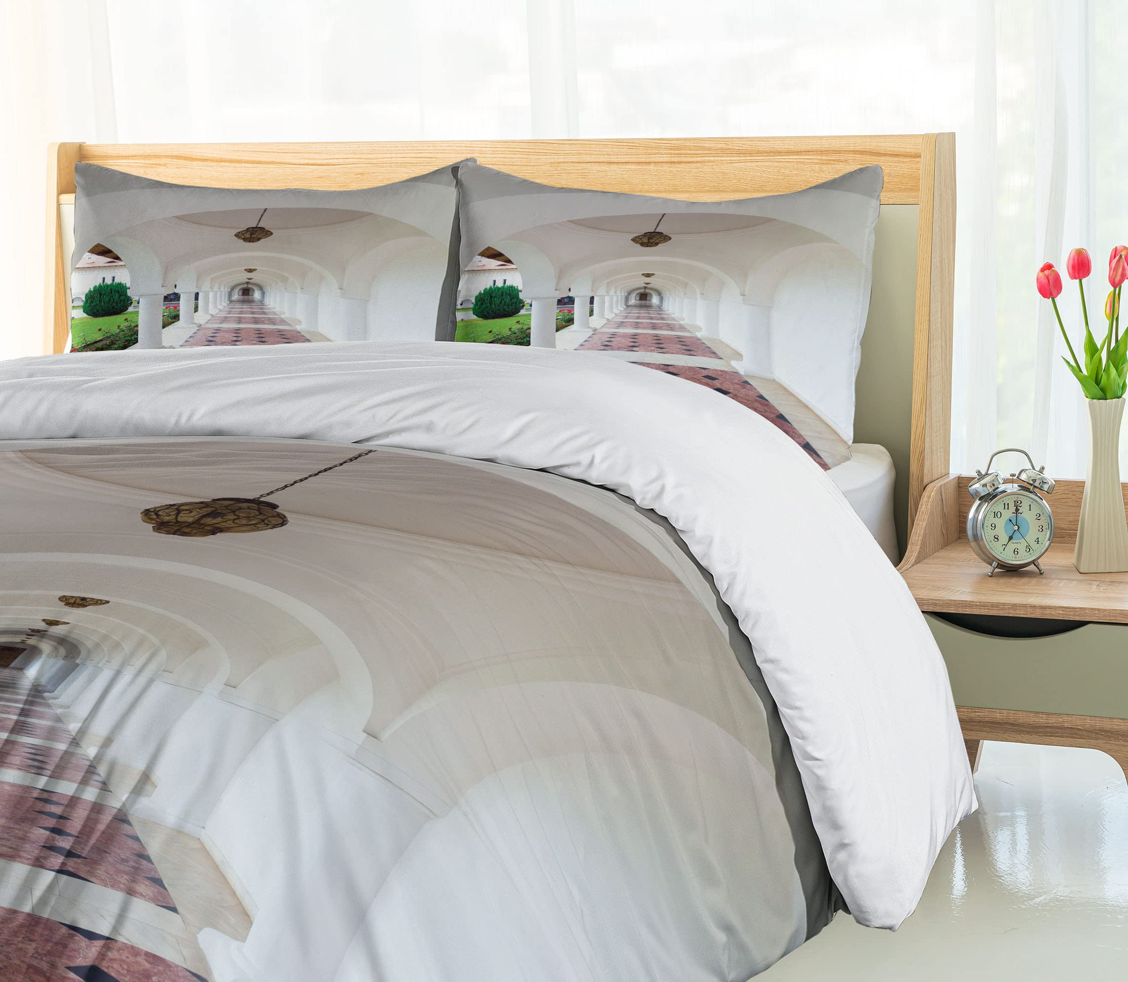 Ambesonne Travel Duvet Cover Set - 3 Piece Bedding with 2 Pillow Shams | California King Size | White & Green Romanesque Arch Design Inspired by Transylvania's Sambata de Sus Monastery | Perfect for Guest Rooms, Vacation Homes & Bohemian Bedroom Decor