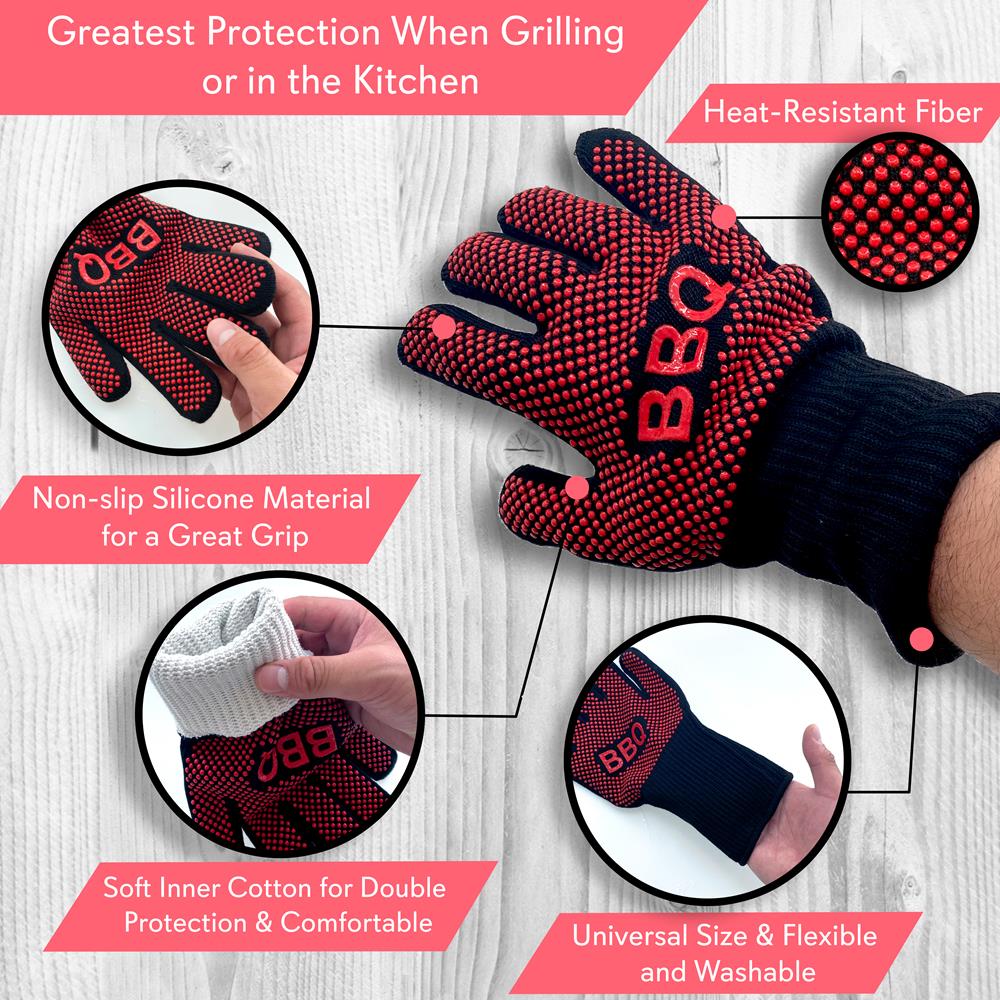 Heat Resistant BBQ Grill Gloves - Heavy Duty Oven Mitts for Grilling, Smoking & Cooking - Extra Long Protection for Hands & Forearms - Perfect for Outdoor BBQ, Camping & Kitchen Use