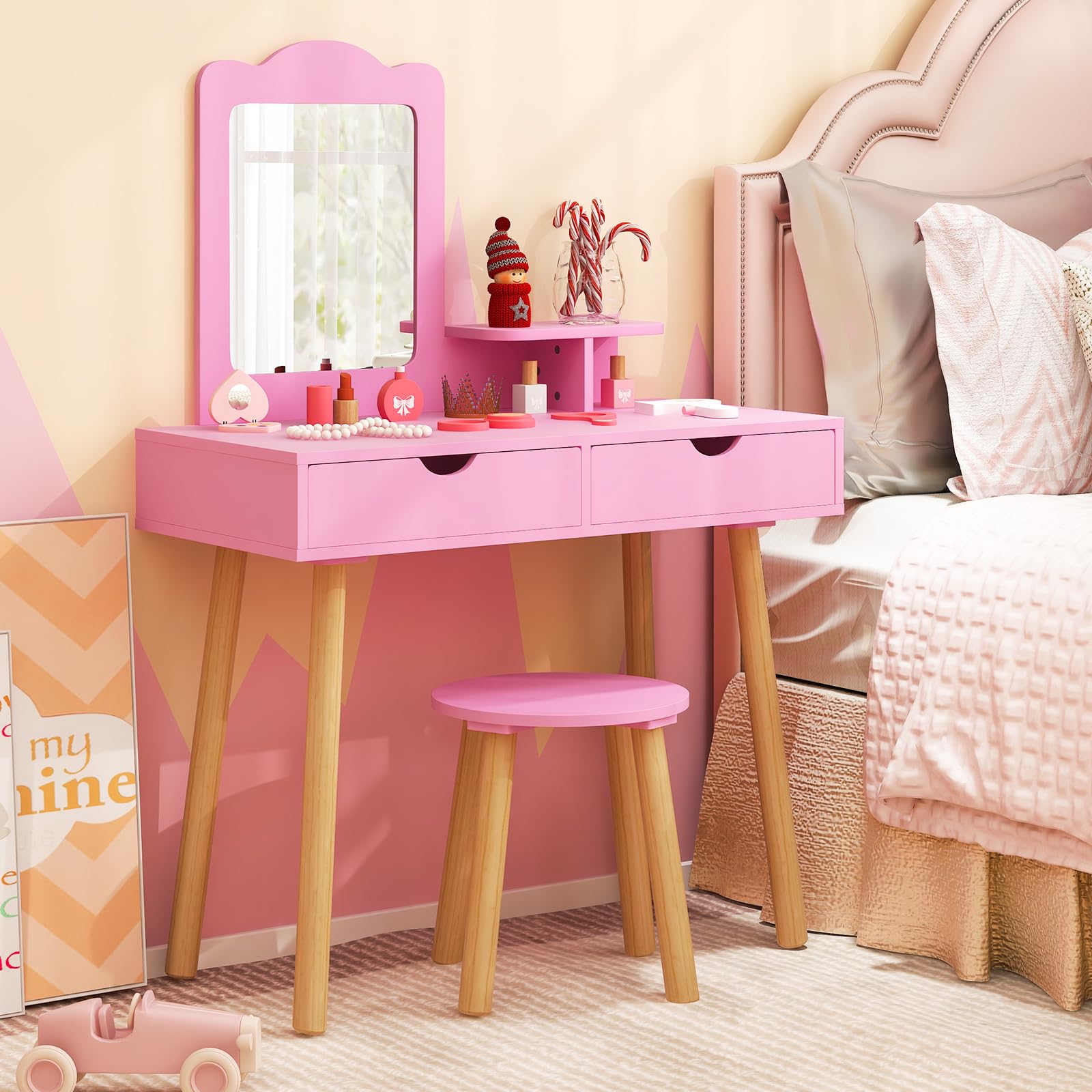 Olakids 2-in-1 Wooden Princess Vanity Set with Mirror & Storage - Kids Makeup Table & Chair, Toddler Dressing Desk Toy for Girls - Perfect for Pretend Play, Birthday Gifts & Bedroom Decor (Pink)