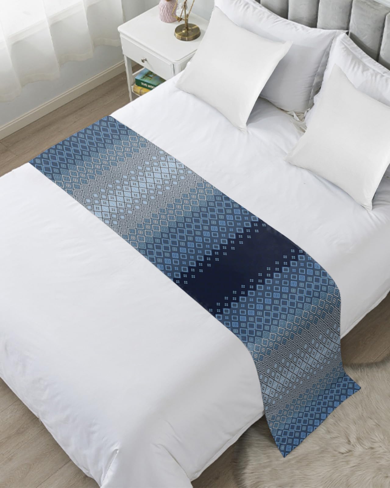 Gradient Blue Bed Runner Scarf - Twin Size Luxury Bed Throw for Twin/Full/Queen/King Beds - Diamond Lattice Modern Abstract Design (71
