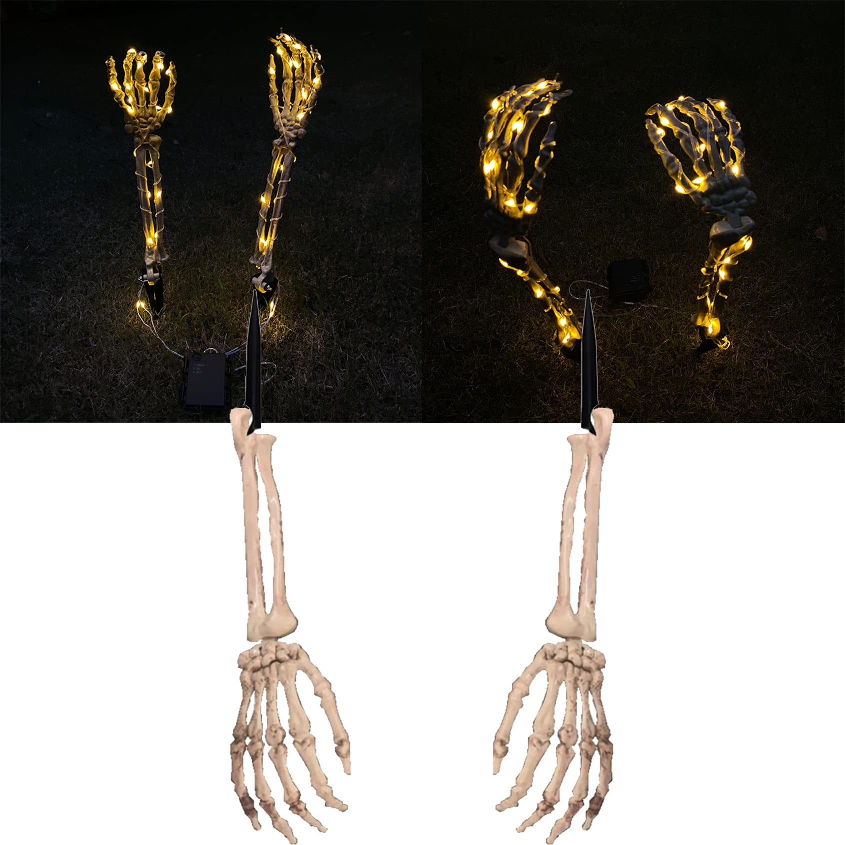 2 Pack 19in Glowing Halloween Skeleton Hands Decorations - LED Crawling Hand Garden Lights with Stakes for Outdoor Halloween Horror Decor, Yard & Pathway Lighting - Perfect for Spooky Parties, Haunted Houses & Front Yard Displays
