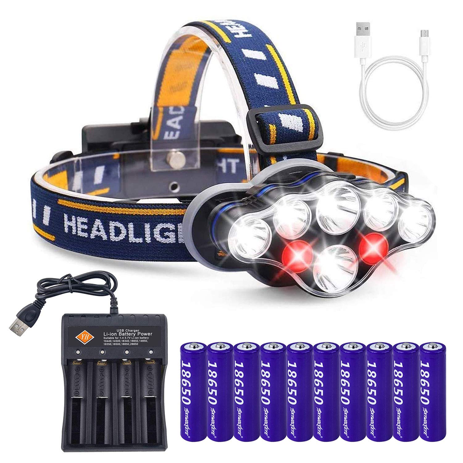 8 LED USB Rechargeable Headlamp - 2000 Lumen Waterproof Flashlight with Red Light, 8 Modes for Camping, Hunting, Hiking, Running & Fishing | Perfect Outdoor Gear for Adults