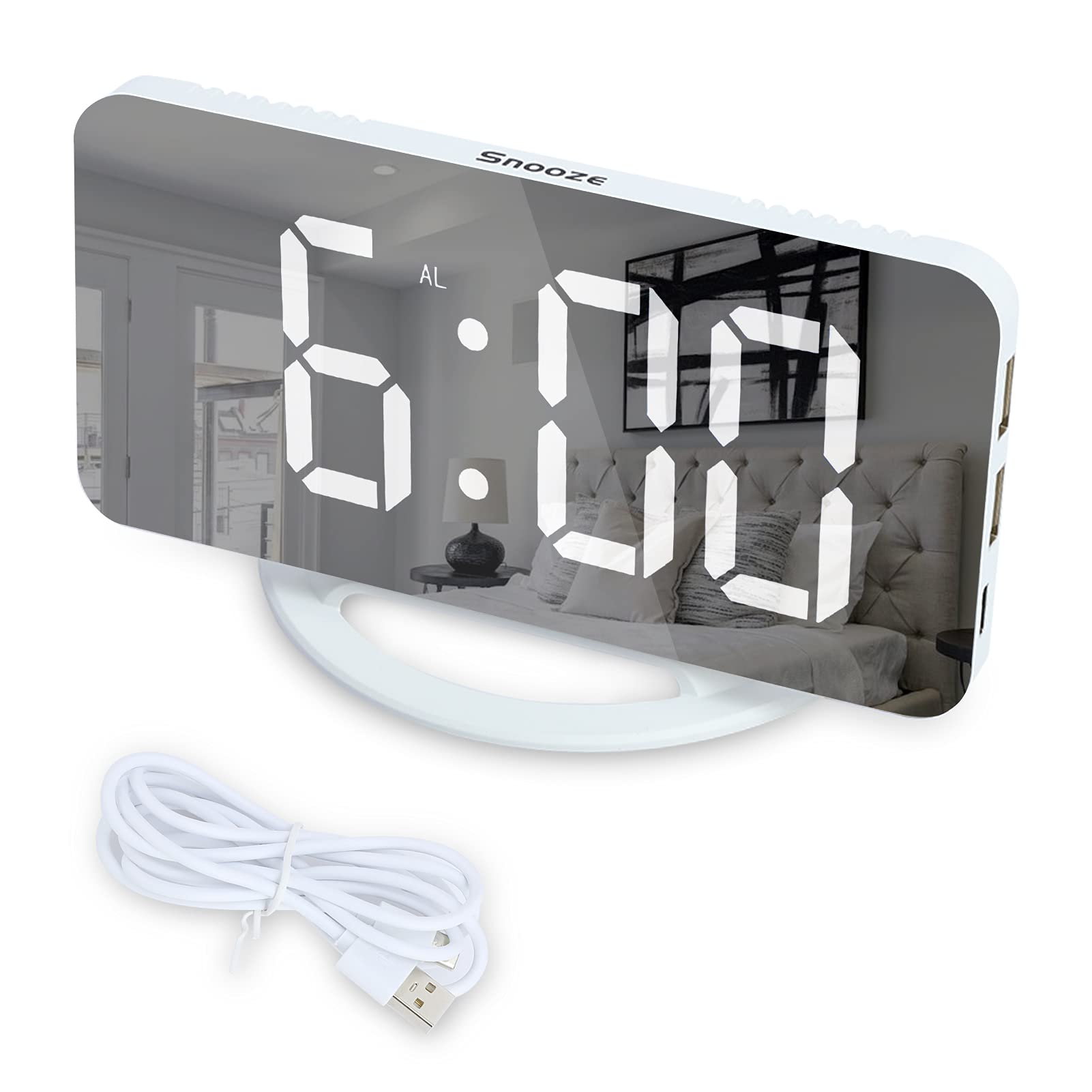 Soaoun LED Digital Alarm Clock with Mirror Surface, 3-Level Brightness & Light Sensor, Dual USB Charger Ports, Easy Snooze - White Shell & Light for Bedroom, Nightstand, Office, Travel | Perfect for Home, Dorm, Gift