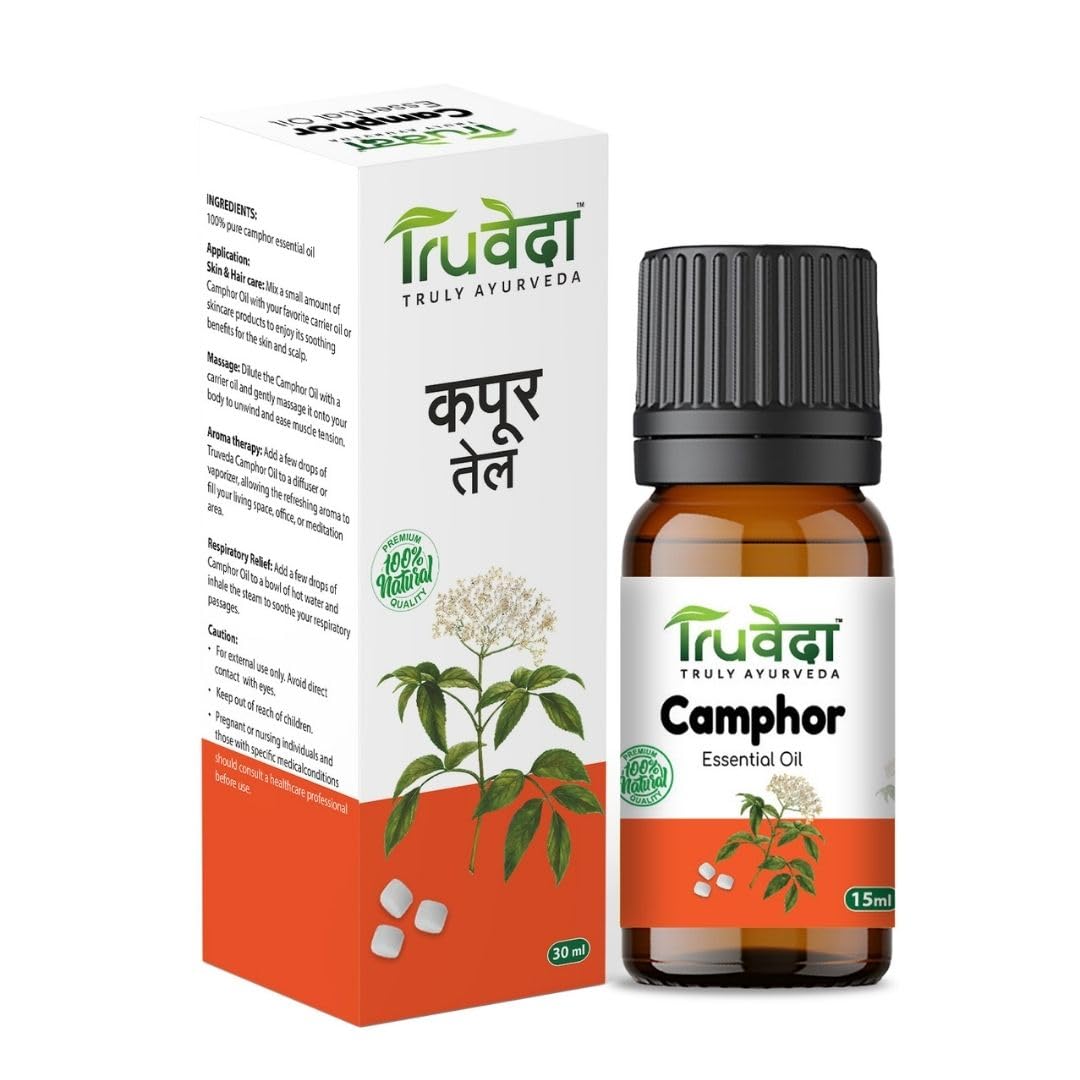 Truveda 100% Pure & Natural Camphor Oil for Skin, Hair Care & Aromatherapy - 15ml Essential Oil for Relaxation, Massage & DIY Beauty Recipes