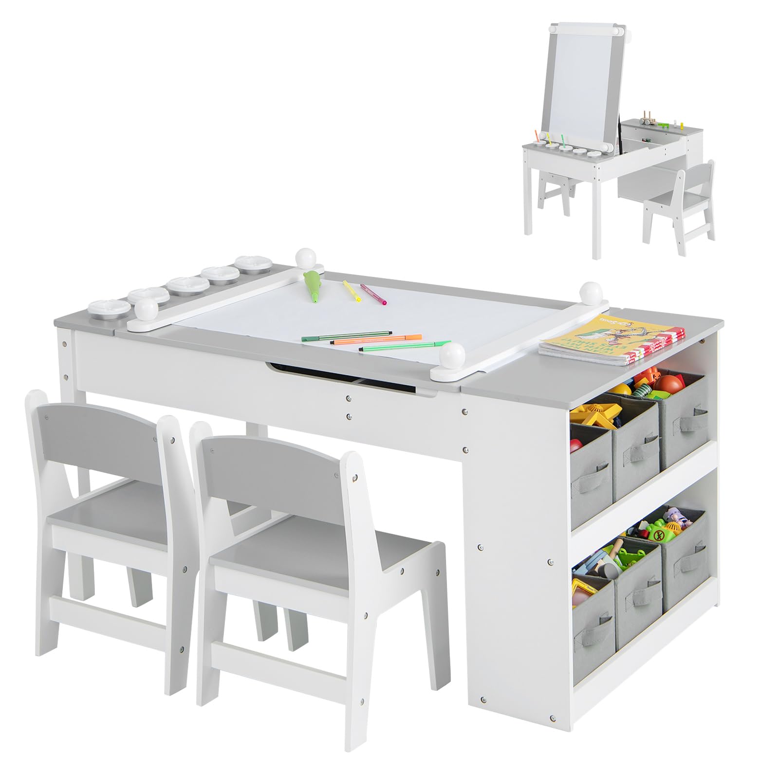 Costzon 3-in-1 Kids Table & Chair Set with Easel - Wooden Art Activity Table, 2 Chairs, 6 Storage Bins, Paper Roller & Paint Cups - Perfect for Drawing, Writing, Play & Arts & Crafts - Ideal for Toddlers, Preschool & Homeschool Learning (Gray)