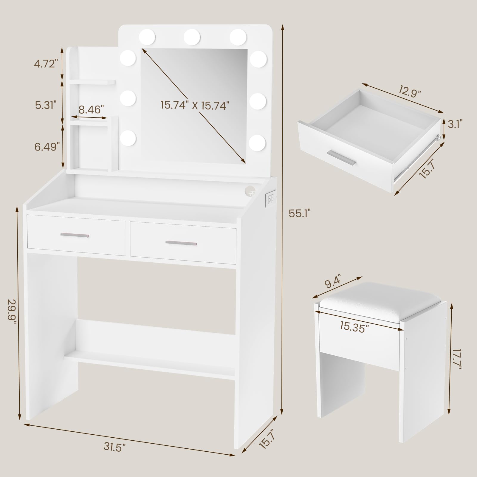 Vanity Desk with Mirror and Lights - Adjustable Brightness Makeup Vanity Set with Power Outlet, Cushioned Stool & 3 Lighting Modes, White Dressing Table with Hairdryer Holder for Bedroom, Bathroom & Salon Use