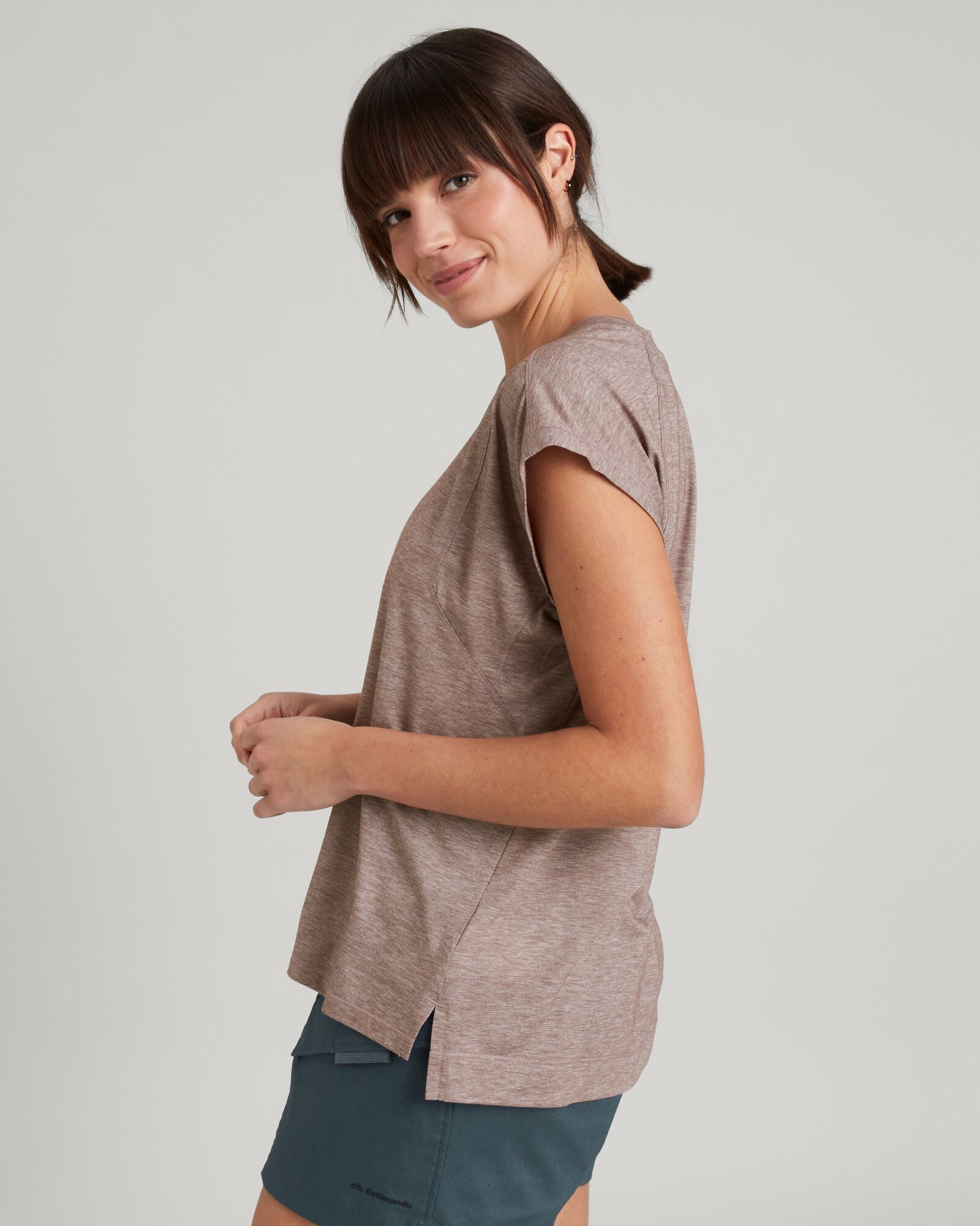 WELL.DER.NESS Women's Short Sleeve T-Shirt - Soft Comfortable Casual Tee in Taupe for Everyday Wear, Gym, and Outings