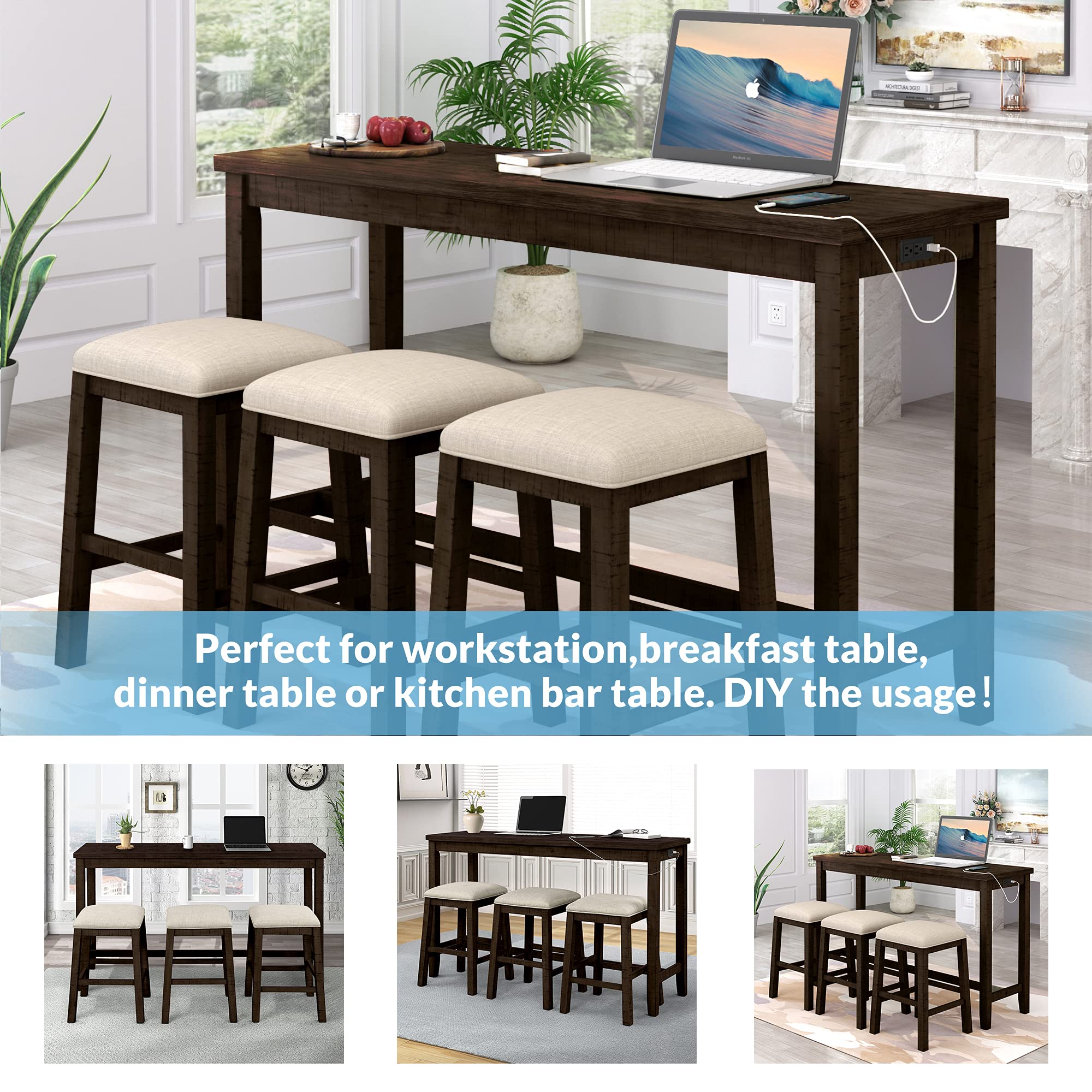 4-Piece Counter Height Dining Table Set with USB Socket & Fabric Padded Stools - Rustic Brown Bar Height Table for Kitchen, Breakfast Nook, Home Office or Small Space Dining - Perfect for Eating, Working & Studying