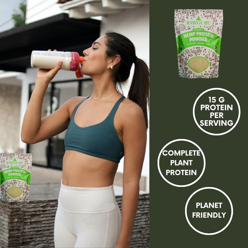 Organic Hemp Protein Powder 16oz by RawGuru - USDA Certified, Gluten-Free, Non-GMO, Vegan & Kosher Plant-Based Protein with Essential Amino Acids | Perfect for Smoothies, Baking & Post-Workout Recovery