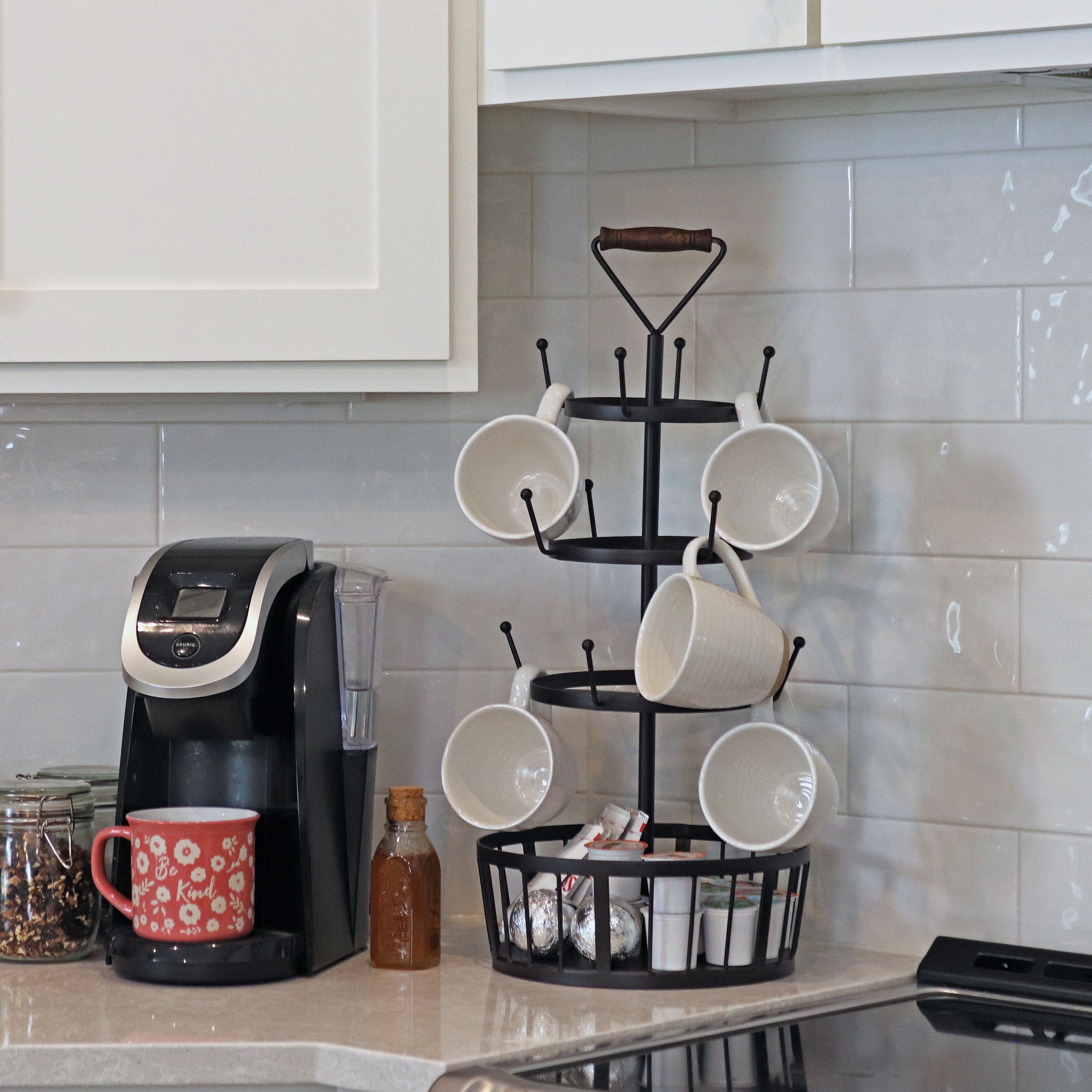 Sunnydaze 4-Tier Round Coffee Mug Tree with Basket - Dark Brown - Perfect for Kitchen, Office, or Dining Room Storage & Organization
