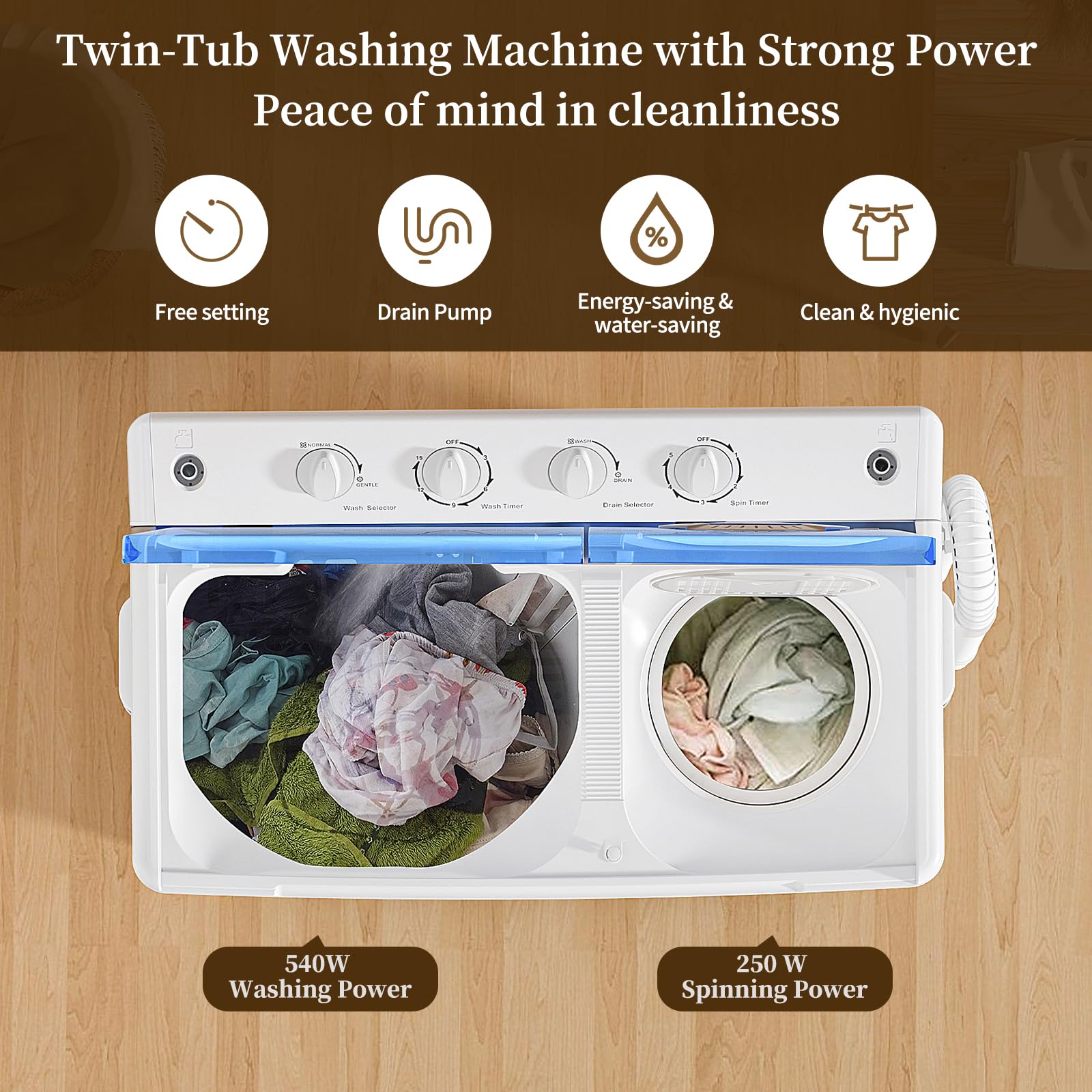VCJ Portable Twin Tub Washing Machine - 40lbs Capacity Compact Laundry Washer & Spinner Combo (24Lbs Wash & 16Lbs Spin) for Apartments, RVs, Dorms - Perfect for Small Spaces & Travel Use