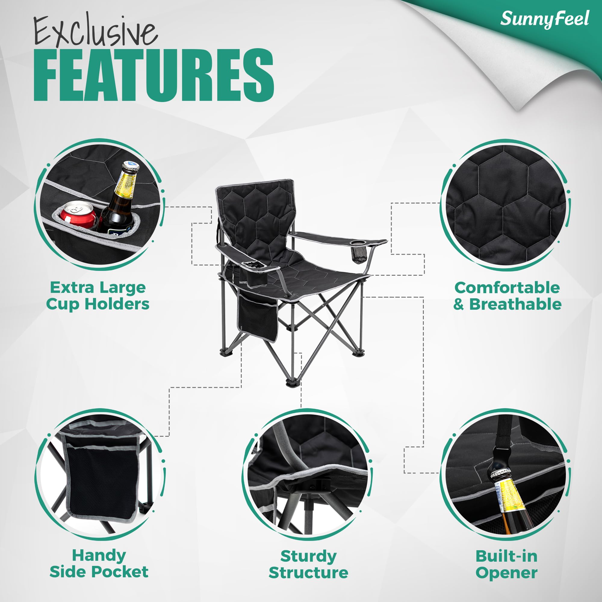 **SUNNYFEEL XL Heavy Duty Oversized Camping Chair for Adults - 500 lbs Capacity, Padded Folding Quad Arm Lawn Chair with Storage Pocket - Perfect for Outdoor, Picnic, Beach, Sports & Tailgating**