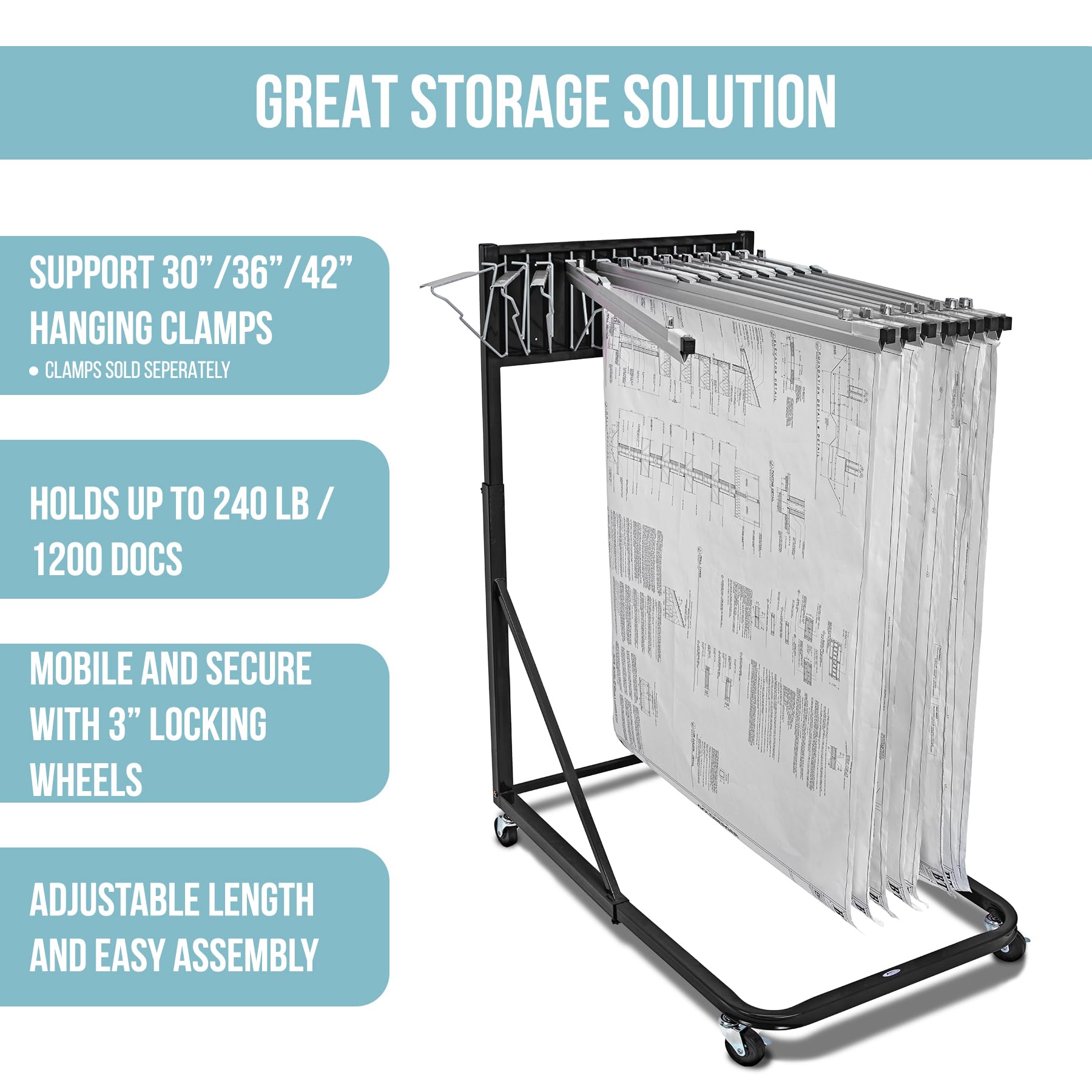 Adir Mobile Blueprint Holder - Heavy Duty Construction Plan Rack, Wall Mounted Blueprint Organizer, Jobsite Document Display Stand for Architects, Engineers & Contractors - Perfect for Office, Construction Site & Design Studio (Without Clamps)