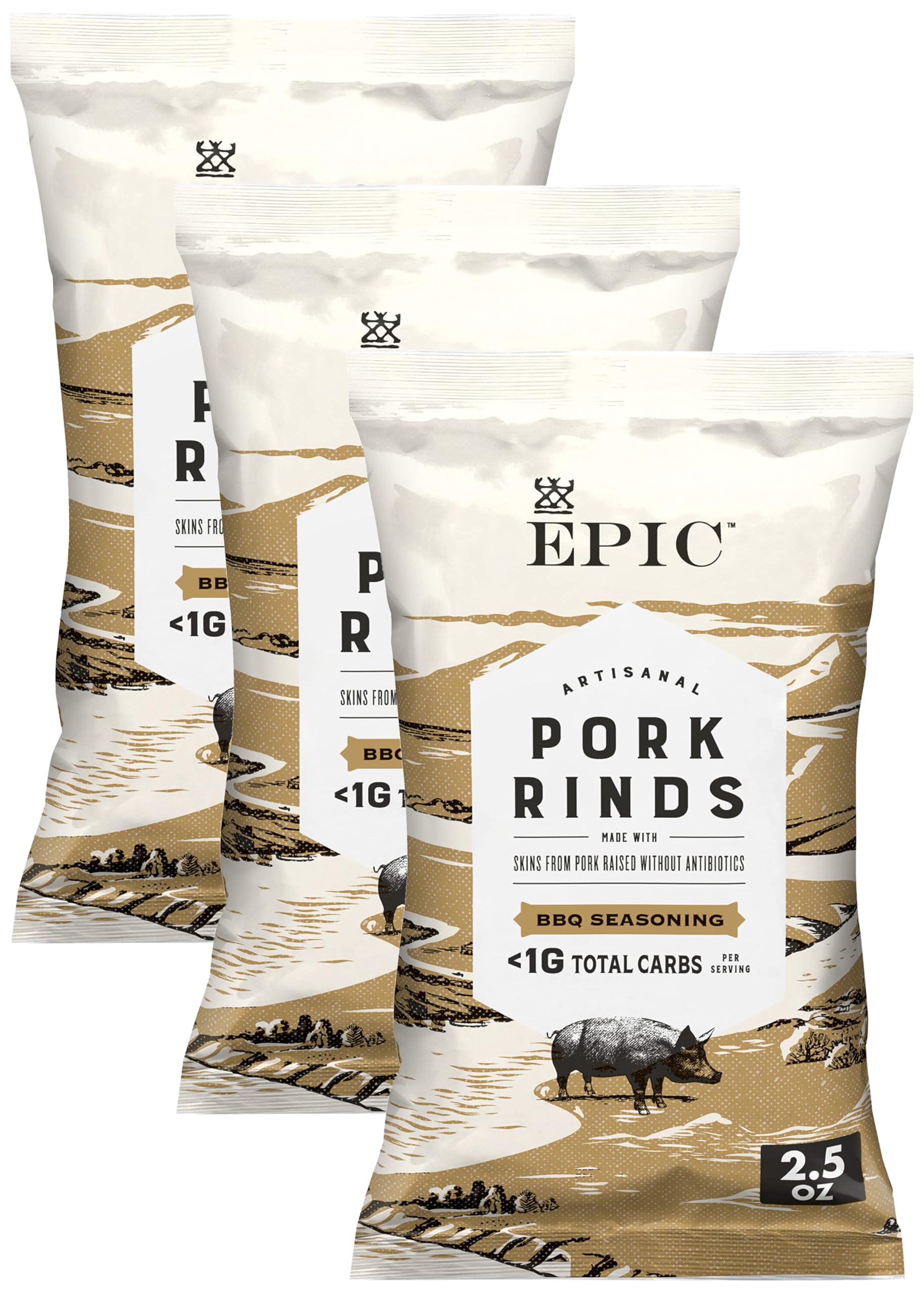 EPIC Artisanal BBQ Pork Rinds Snacks - Keto, Paleo & Gluten Free Protein Chips - 2.5oz Bags (3-Pack) - Perfect for Low Carb Diets, Road Trips & Game Day Parties