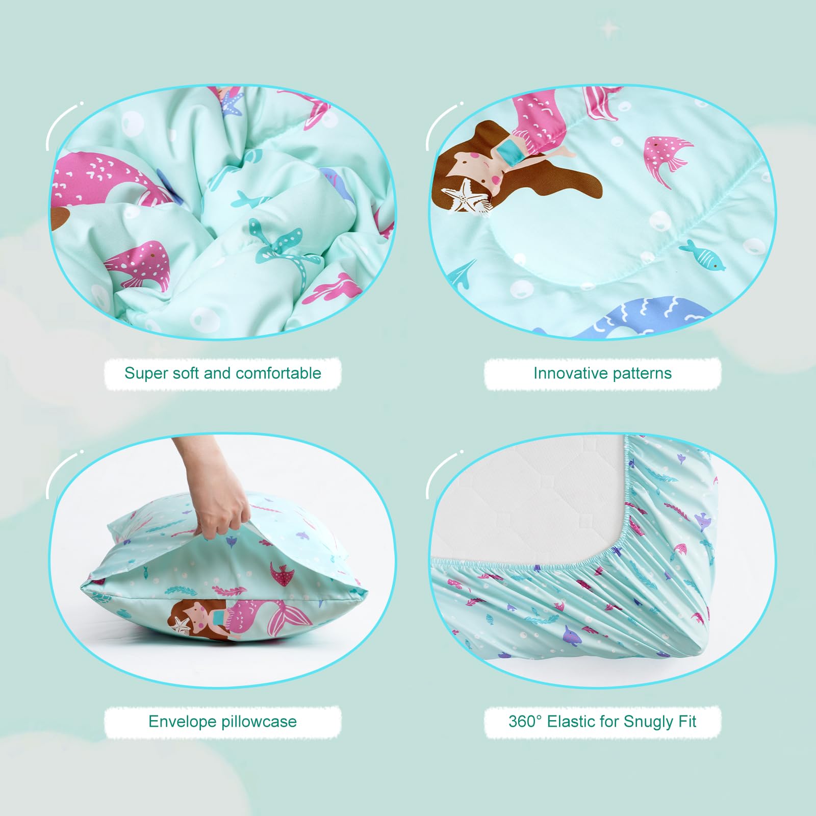 David's Kids 4-Piece Toddler Bedding Set - Soft & Breathable Crib Bedding for Boys & Girls, Includes Quilted Comforter, Flat Sheet, Fitted Sheet & Pillowcase - Mermaid Theme - Perfect for Nursery, Daycare & Toddler Rooms