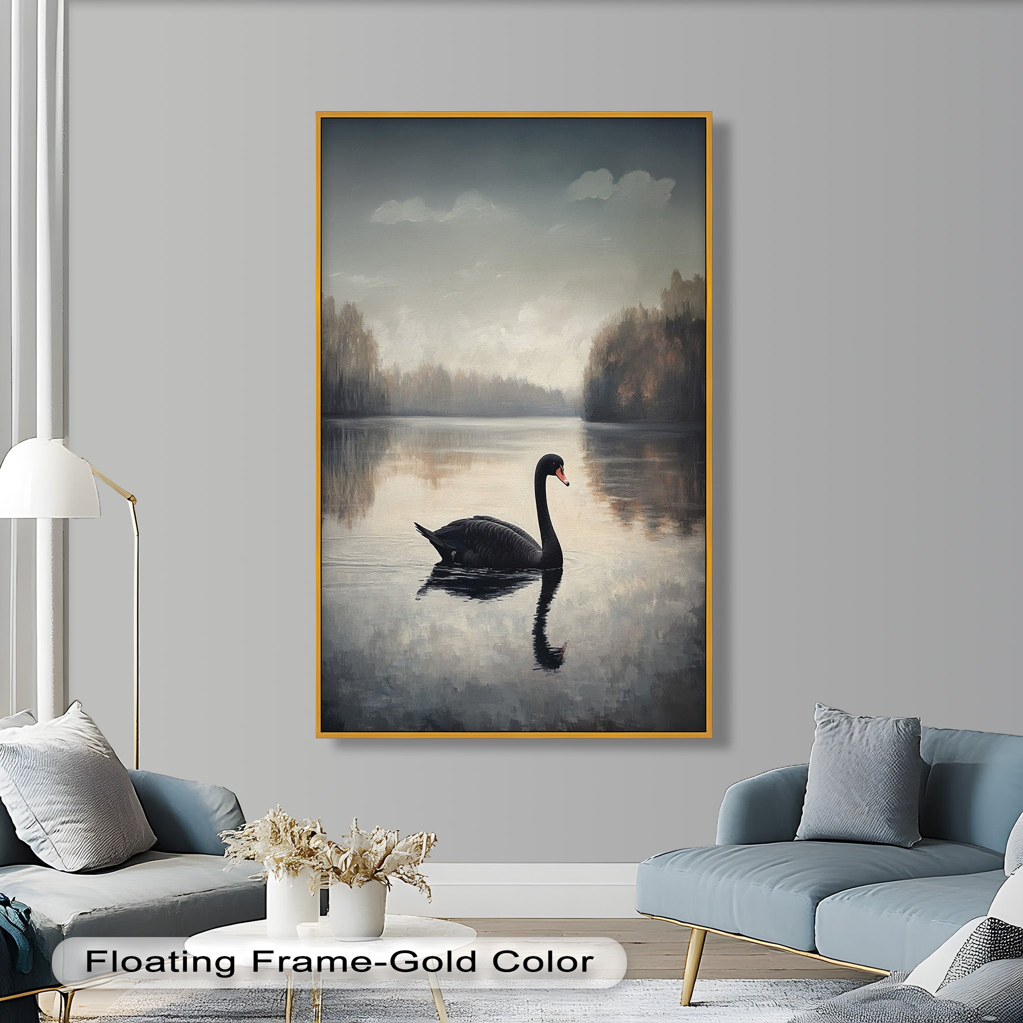 Black Swan at Dusk - Hand Painted Lake Landscape Oil Canvas Artwork - Perfect for Living Room, Bedroom, or Office Wall Decor