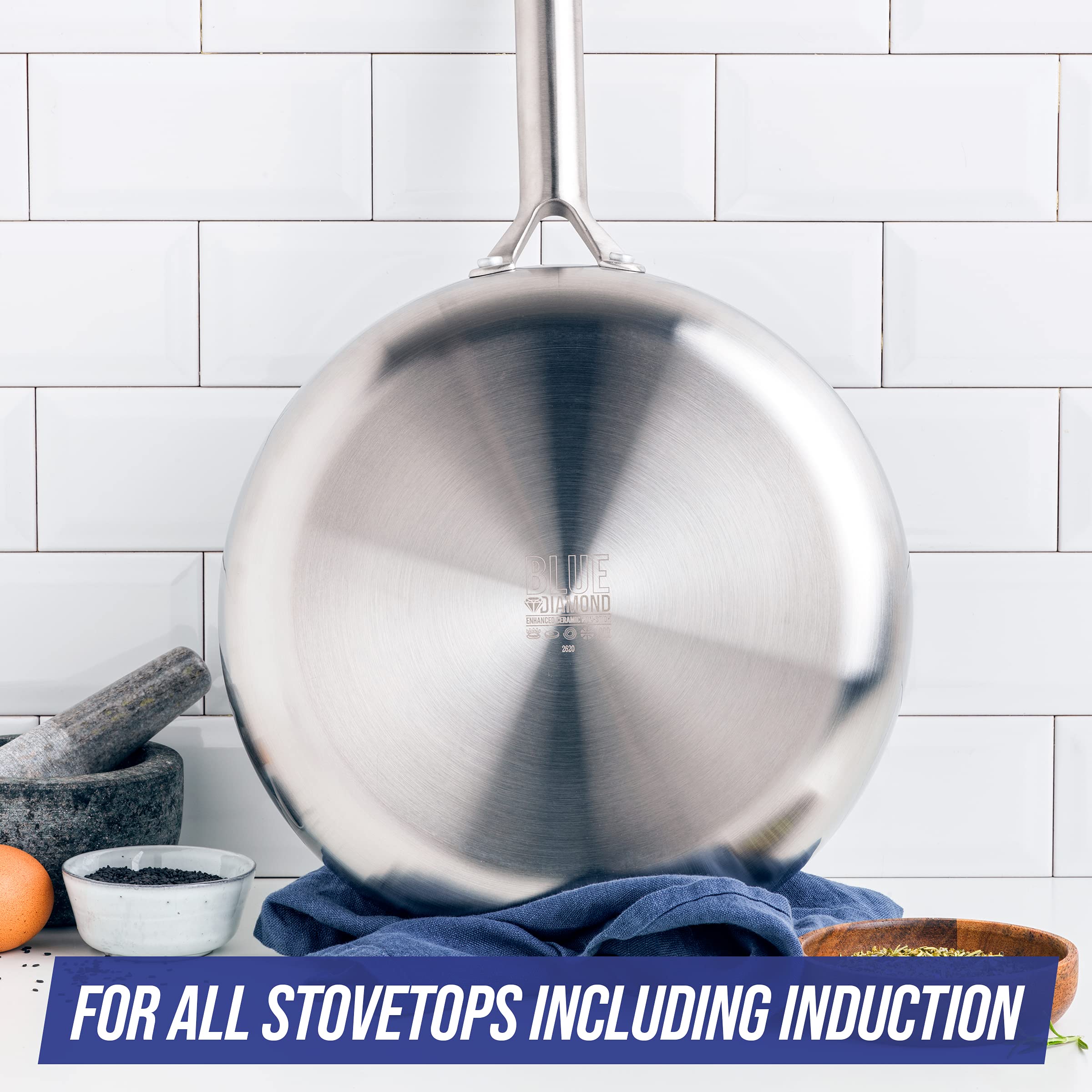 Blue Diamond Tri-Ply Stainless Steel Ceramic Nonstick Cookware Set - 6 Piece Pots and Pans, PFAS-Free, Multi-Clad, Induction Compatible, Dishwasher & Oven Safe (Silver) - Perfect for Sauteing, Boiling & Frying in Modern Kitchens
