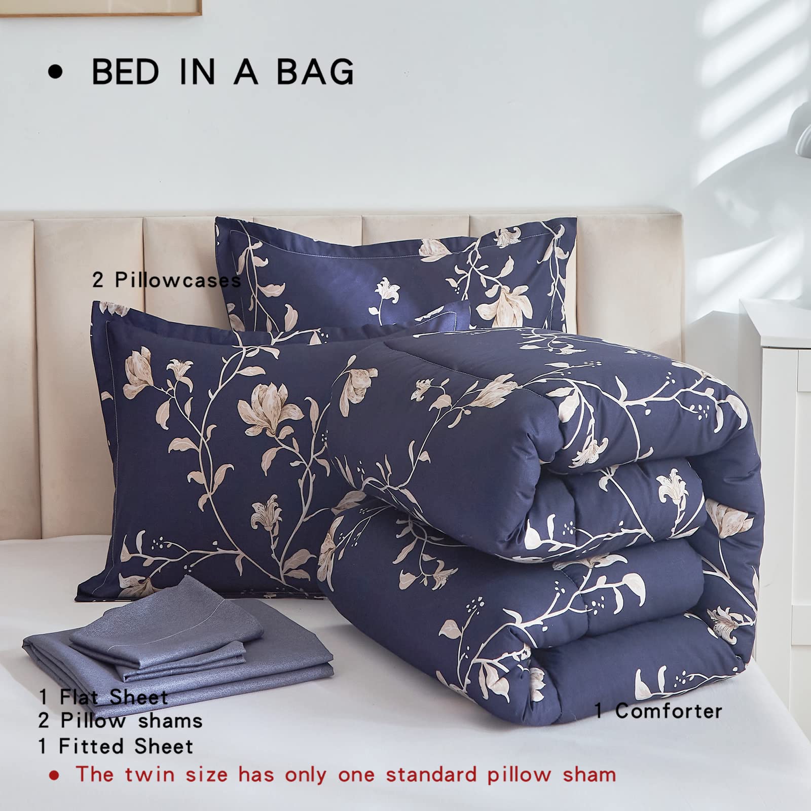 AIKASY 7-Piece King Size Floral Comforter Bed in a Bag Set - Navy Blue Bedding Set Includes 1 Comforter, 2 Pillow Shams, 1 Flat Sheet, 1 Fitted Sheet & 2 Pillowcases - Perfect for Master Bedroom, Guest Room & Vacation Homes