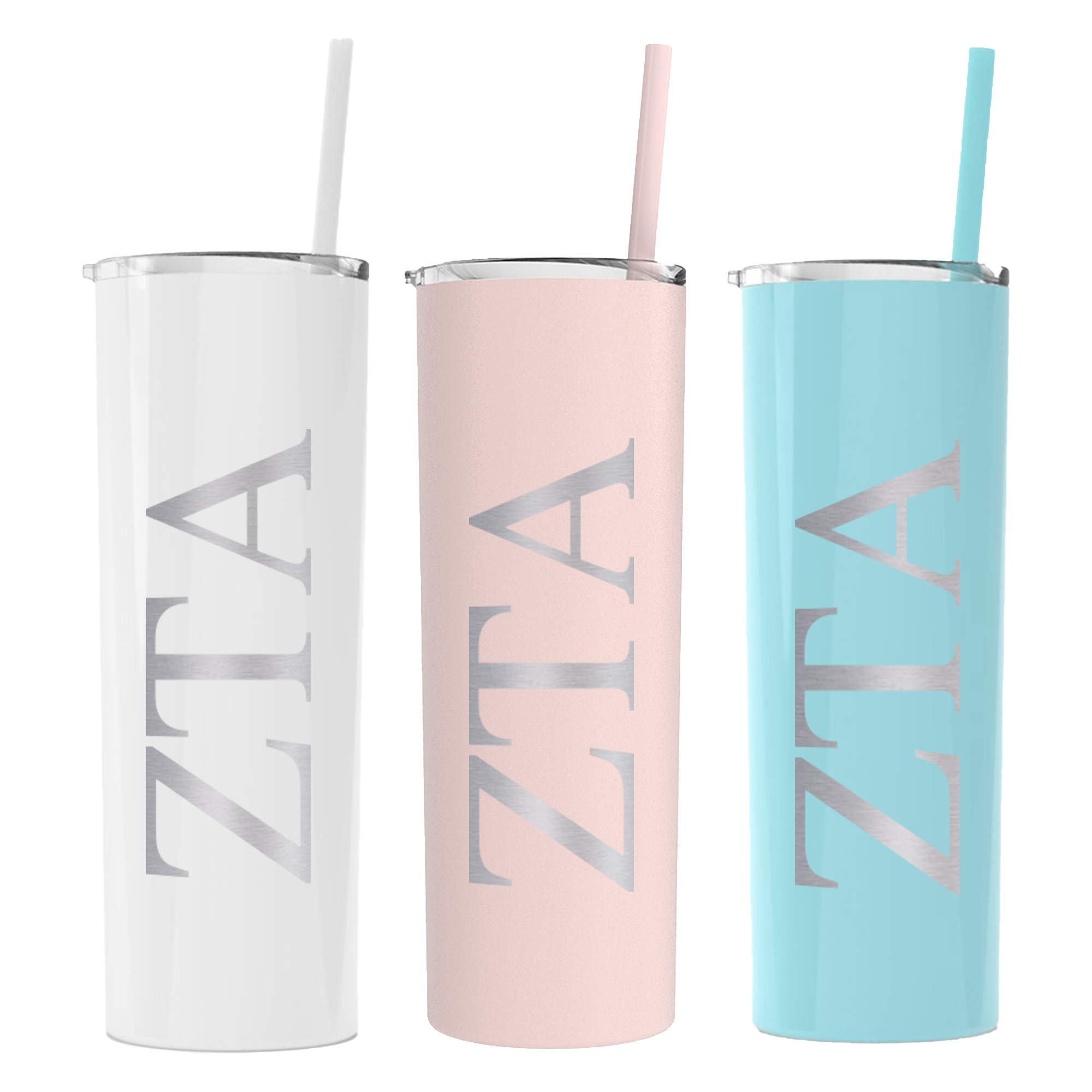 Zeta Tau Alpha Greek Letter Skinny Tumbler with Straw - 20oz Insulated Stainless Steel Travel Cup for Sorority Sisters - Perfect for College, Gym & Everyday Use (White)
