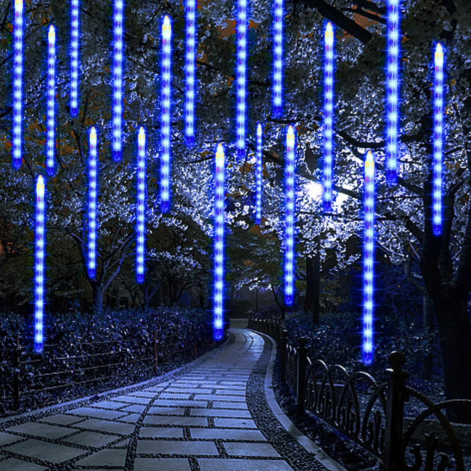 24 Tubes Meteor Shower Christmas Lights - 12 Inch 3 x 288 LED Outdoor Icicle Lights with Snowfall Effect, Connectable Raindrop Lights for Xmas Tree, Wedding, Party & Holiday Decorations (Blue) - Perfect for Outdoor Christmas Decor, Winter Weddings & Festive Home Lighting