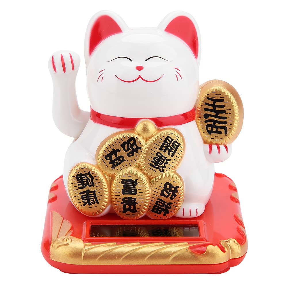Jeanoko Solar Powered Lucky Cat - White Fortune Cat Statue for Home & Office Decor | Feng Shui Good Luck Charm for Desk, Garden & Store Display