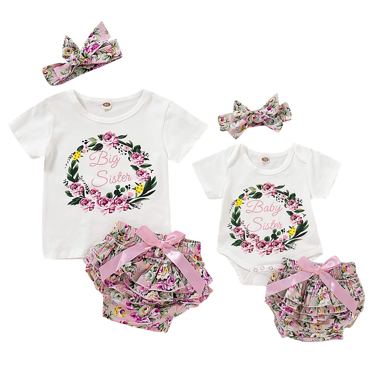 DoubleBabyJoy Matching Sister Outfits - 3 Piece Summer Set (T-Shirt, Romper, Skirt & Headband) for Big Sister & Little Sister | Cute Sibling Coordinating Clothes for Family Photos, Birthday Parties & Special Occasions