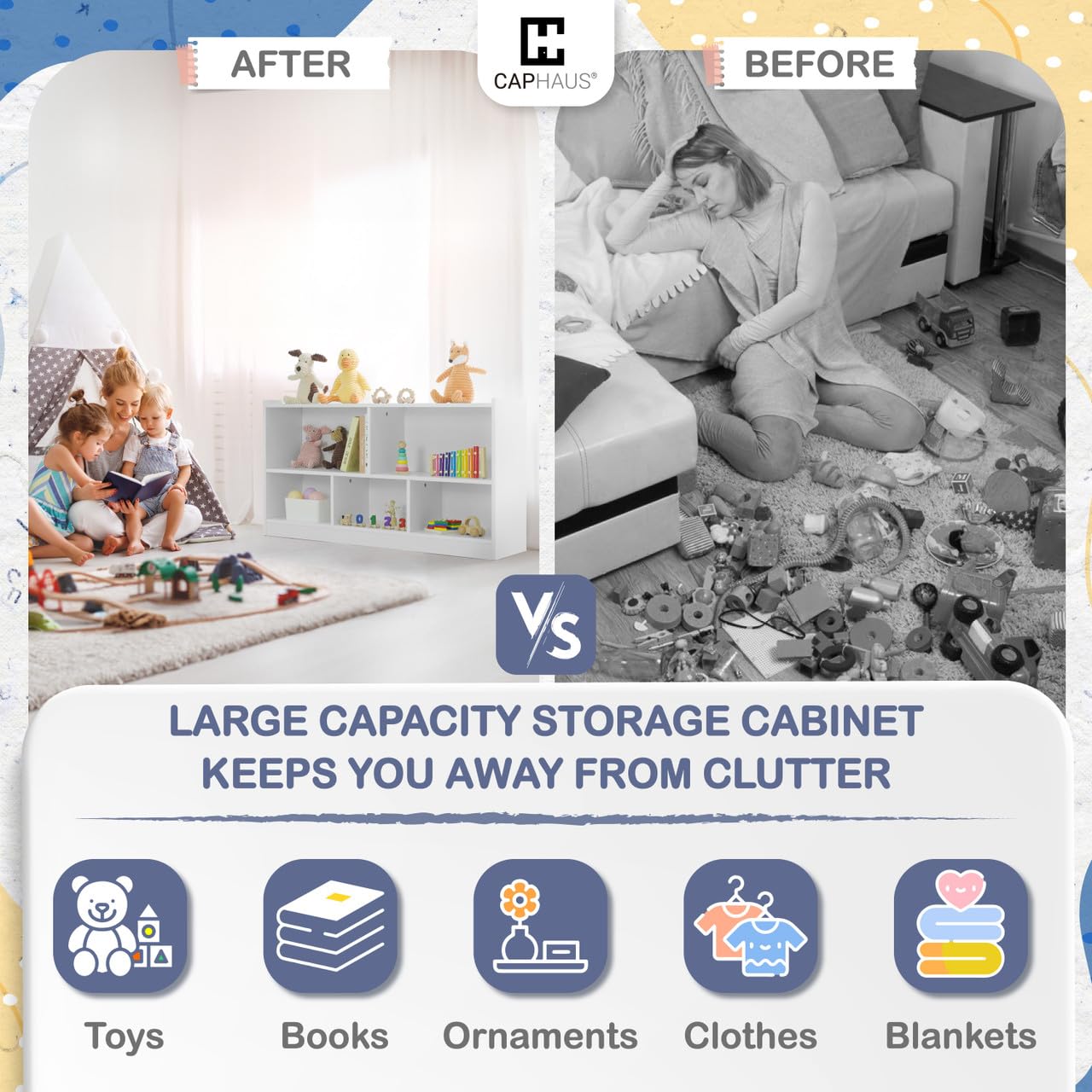 CAPHAUS Kids Toy Storage Organizer with Open Compartments - 44.1”x11.8”x24.2” White Toy Shelf for Books, Toys & Games - Perfect for Classroom, Kindergarten, Playroom, Nursery & Bedroom Organization
