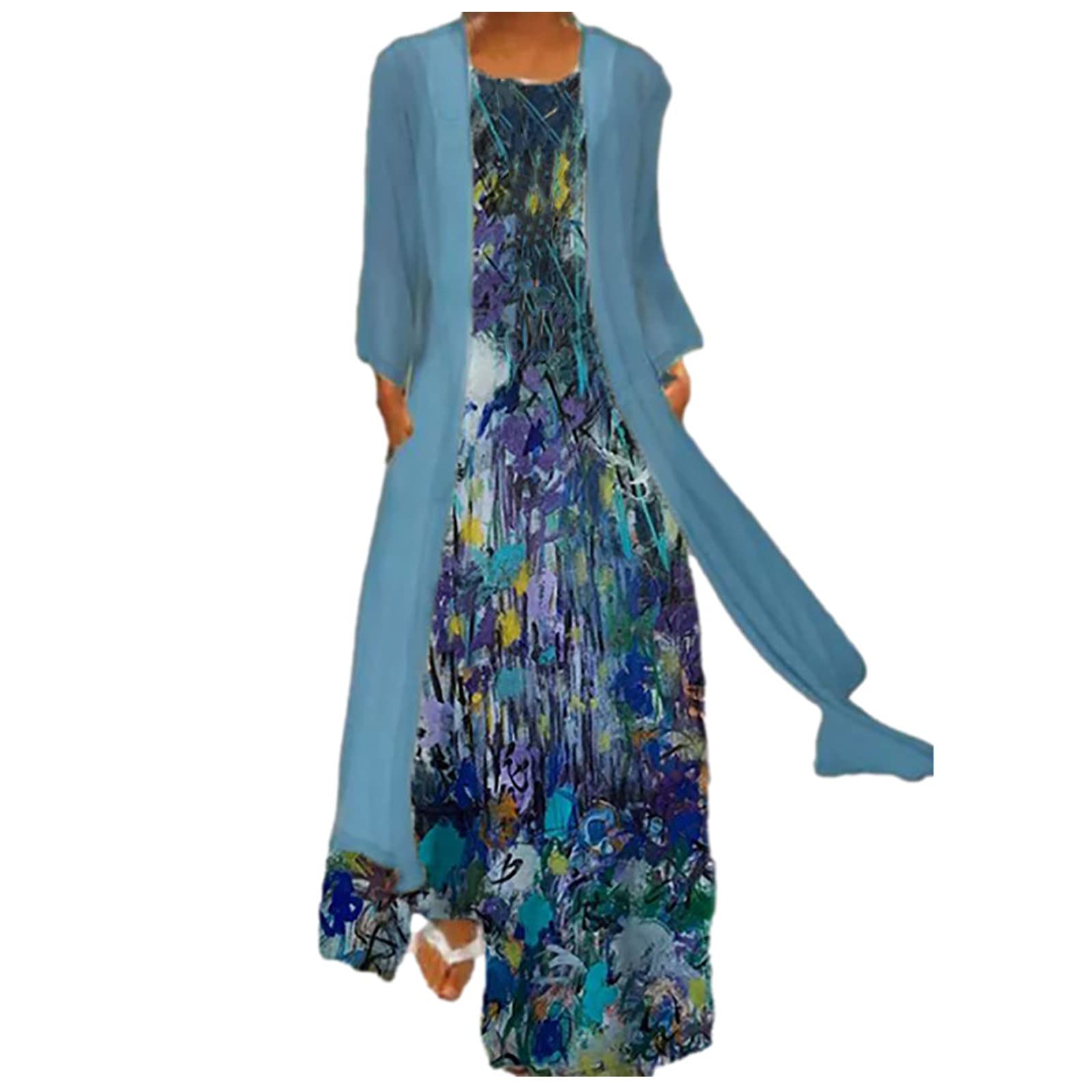 Women's Floral Maxi Dress Two Piece Set - Plus Size Casual Long Sundress for Summer, Wedding Guest & Beach Outings - Flowy Chiffon Dress 2022
