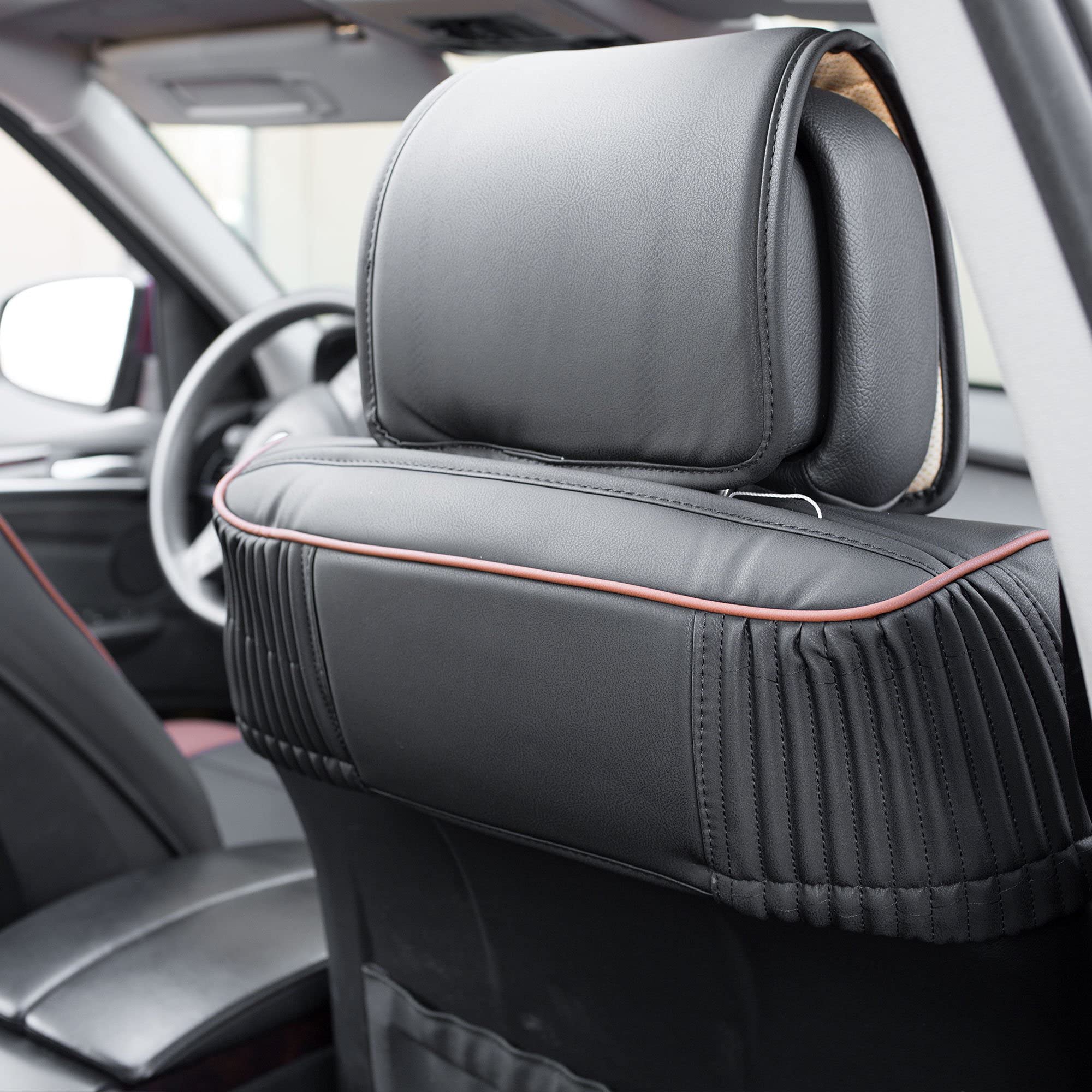 TLH Ultra Comfort Leatherette Seat Cushions Full Set - Universal Fit for Cars, Trucks & SUVs | Black & Red Faux Leather Waterproof Car Seat Covers | Seat Protector for Driving Comfort & Long Trips