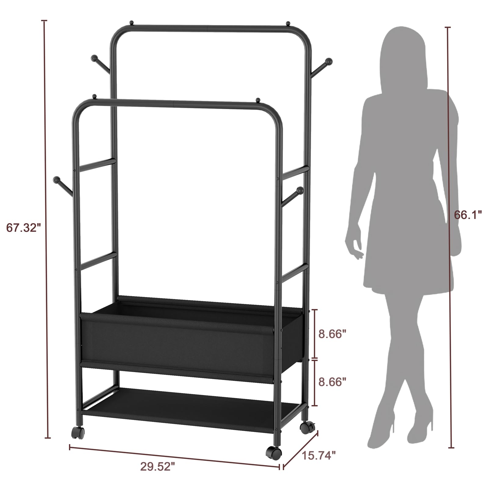 Furologee Double Rod Rolling Garment Rack with Wheels & Storage Box - Heavy Duty Clothes Hanging Organizer with 4 Hooks - Portable Wardrobe for Bedroom, Living Room, Closet (Black) | Perfect for Small Spaces, Dorm Rooms & Apartment Organization