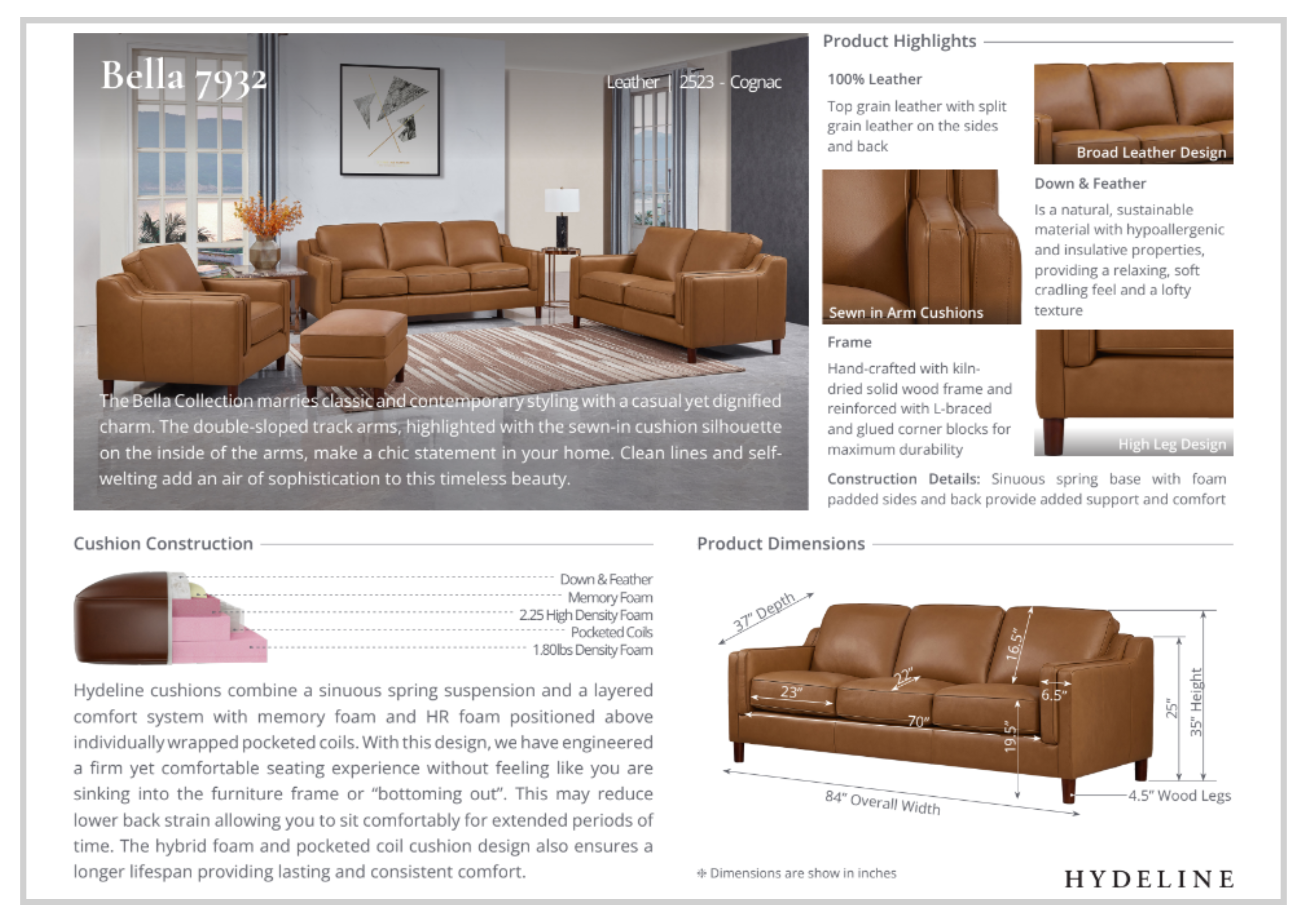 Hydeline Bella L-Shaped Brown Leather Sectional Sofa - Modern Reclining Couch for Living Room, Home Theater & Office - Soft Genuine Leather, Spacious Seating, Stylish Comfort