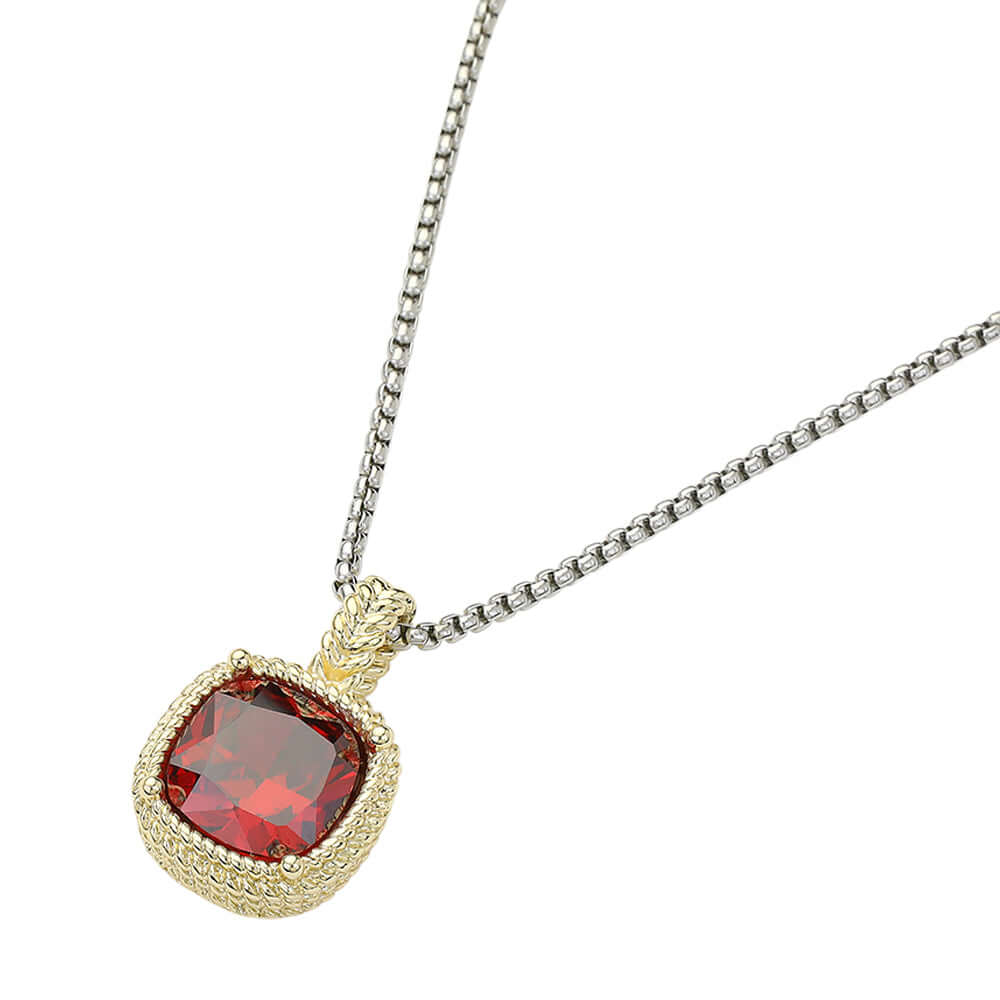 14K Gold Plated Square CZ Pendant Necklace with Red Stone - Elegant Jewelry for Women, Perfect for Parties, Weddings & Everyday Wear