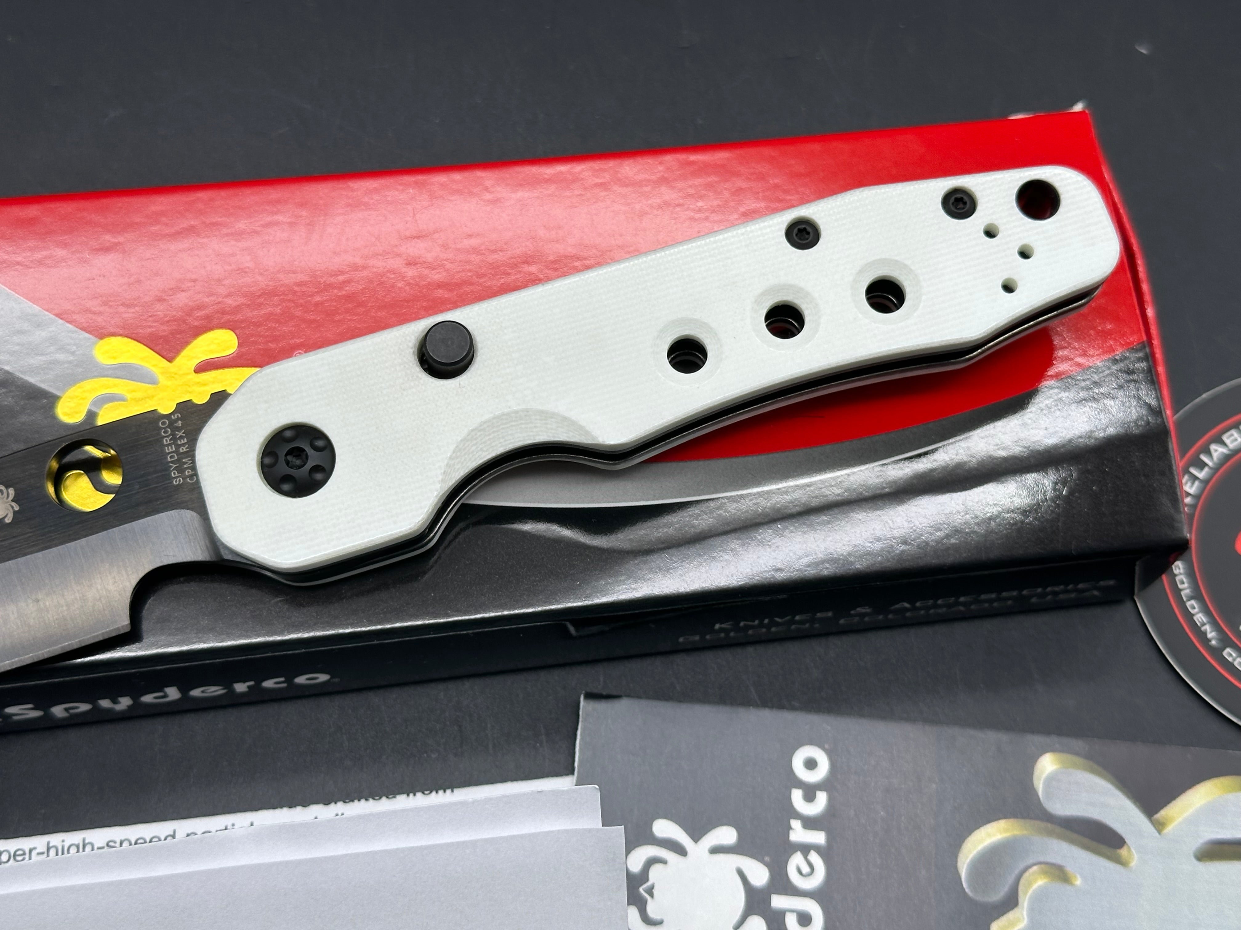 Spyderco Smock Folding Knife - Smooth White G10 Handle, Black Rex 45 Blade - GP Knives Exclusive | EDC, Outdoor, Camping, Survival Gear
