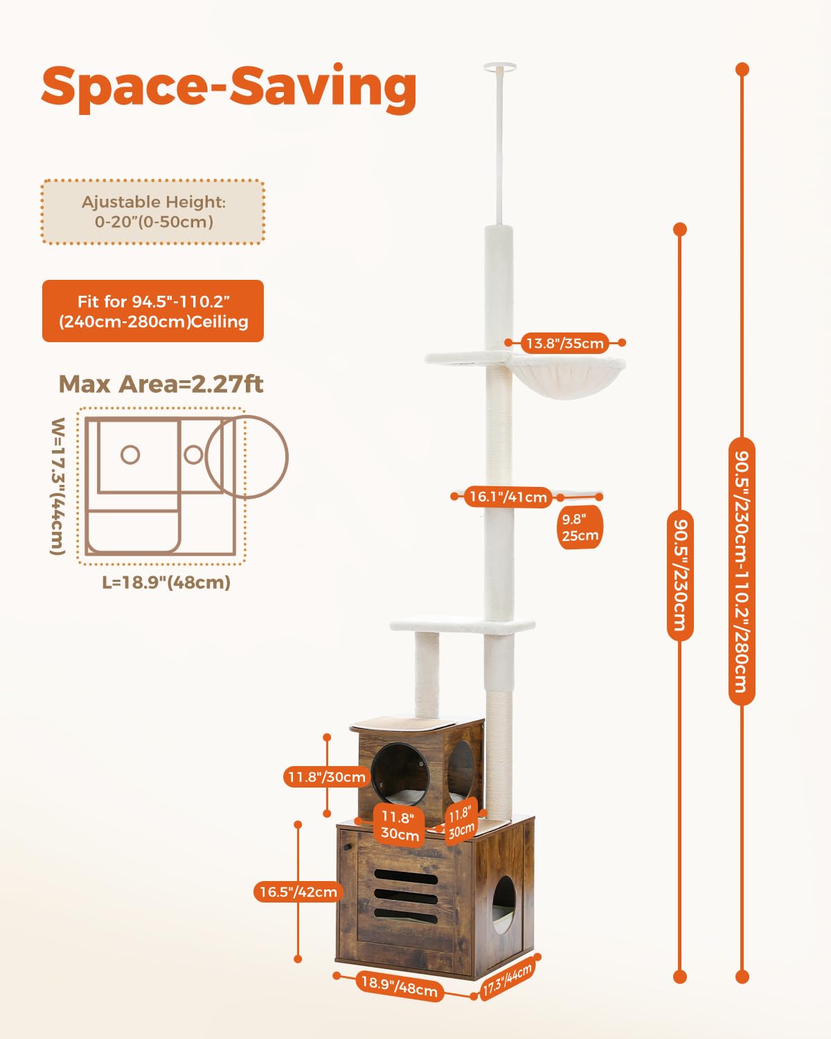 Premium MUTTORS Cat Tree Floor to Ceiling - Adjustable Height 90.6-110.2 Inch Cat Tower with 6 Tiers, Scratching Post & Litter Box Enclosure - Modern Rustic Brown Cat Condo for Indoor Cats - Perfect for Small Spaces & Multi-Cat Homes