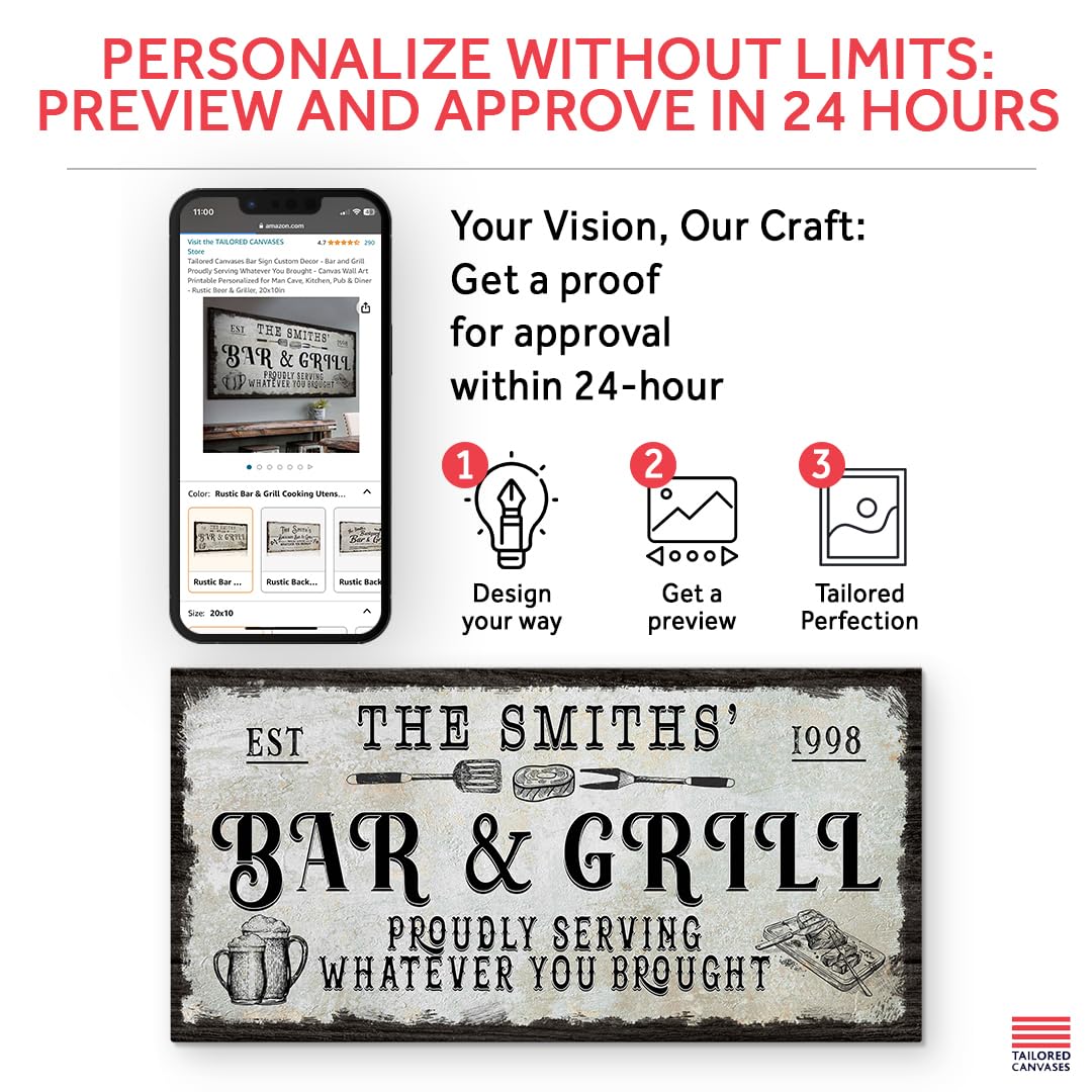 Custom Bar Sign Canvas Wall Art - Personalized Rustic Beer & Griller Decor for Man Cave, Kitchen, Pub & Diner - 60x30in Printable Home Decor | Perfect for Bars, Restaurants, and Home Entertaining Spaces