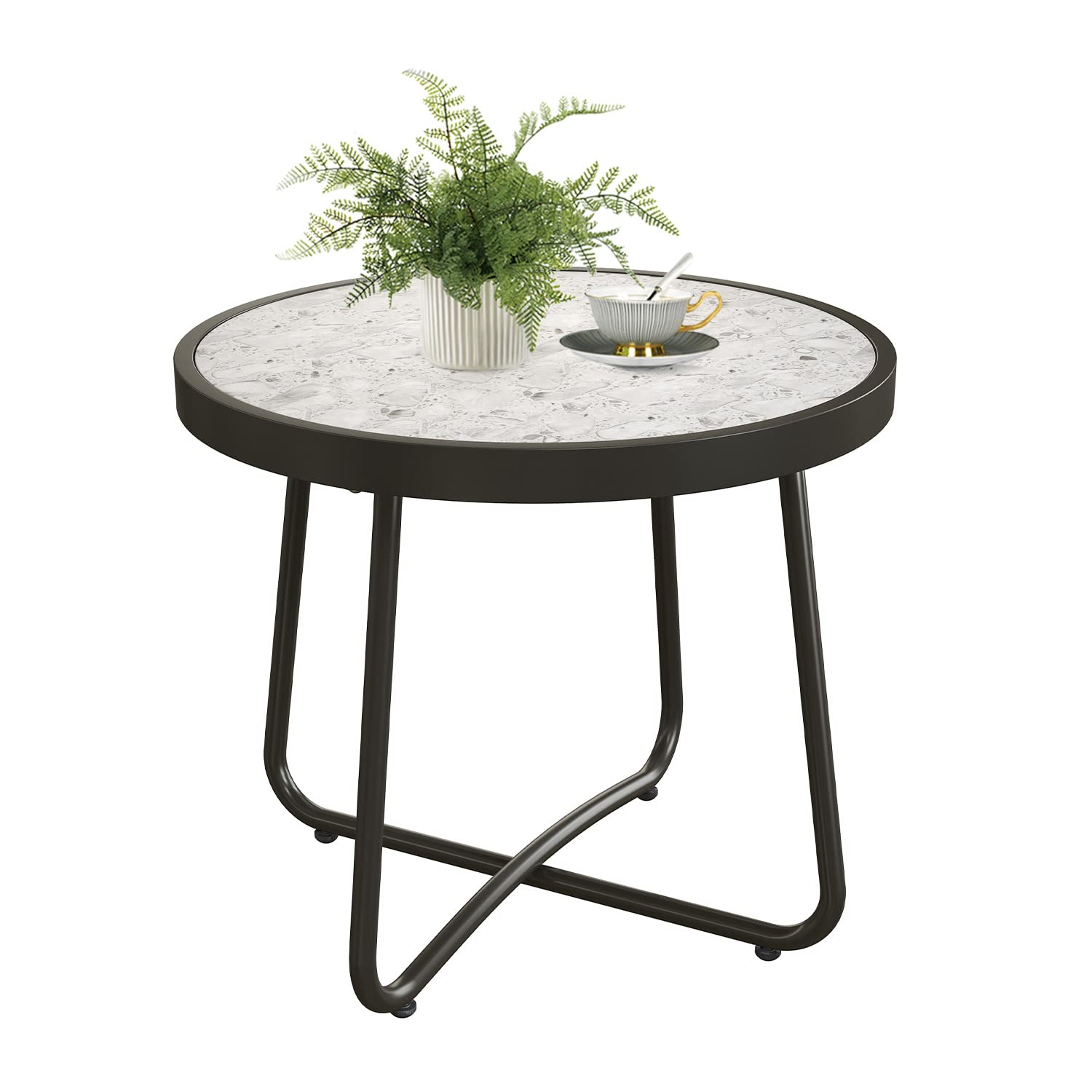 Weather-Resistant Steel Ceramic Tile Round Side Table - Grand Patio Outdoor End Table, Small Metal Coffee Table for Indoor & Balcony Use - Perfect for Drinks, Books & Decor