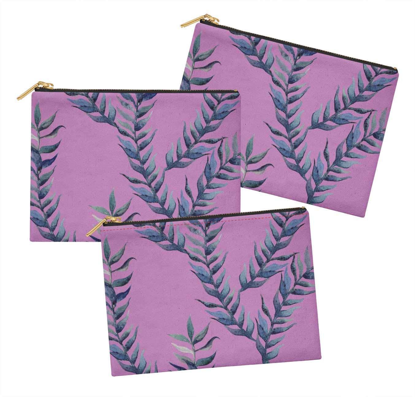 Purple Laurel Leaves Printed Cosmetic Bag Set of 3 - 6x8 Inch Makeup Pouch & Toiletry Organizer for Travel, Gym & Daily Essentials Storage