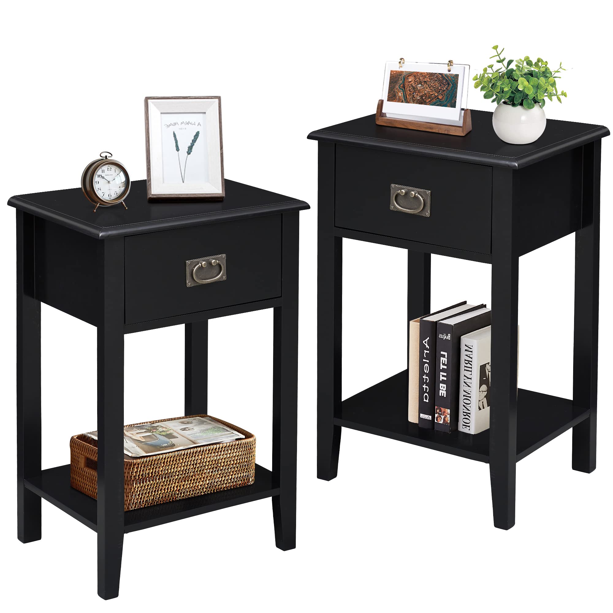 VECELO Set of 2 Nightstands with Drawer - Solid Wood Legs Vintage End Tables for Bedroom, Living Room & Small Spaces - Perfect for Bedside Storage & Home Decor (Black)