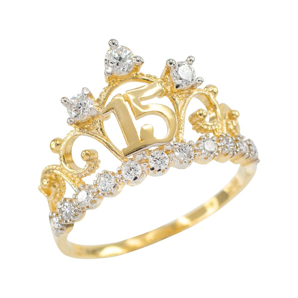 14K Yellow Gold White Cubic Zirconia Tiara Crown Ring - Elegant Milgrain Quinceañera Jewelry for Sweet 15 Birthday, Prom, Wedding & Special Occasions