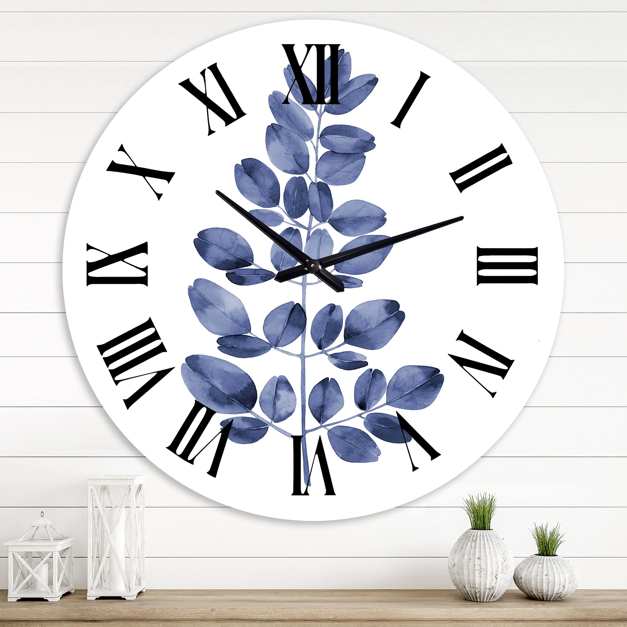 DesignQ Traditional Navy Blue Eucalyptus II Floral Wall Clock - Large Decorative Clock for Bedroom, Living Room & Office | Vintage Botanical Home Decor